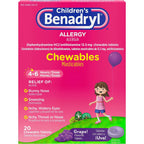 Benadryl Childrens Allergy Grape Chewables, 20 Count Per Box (6 Pack)