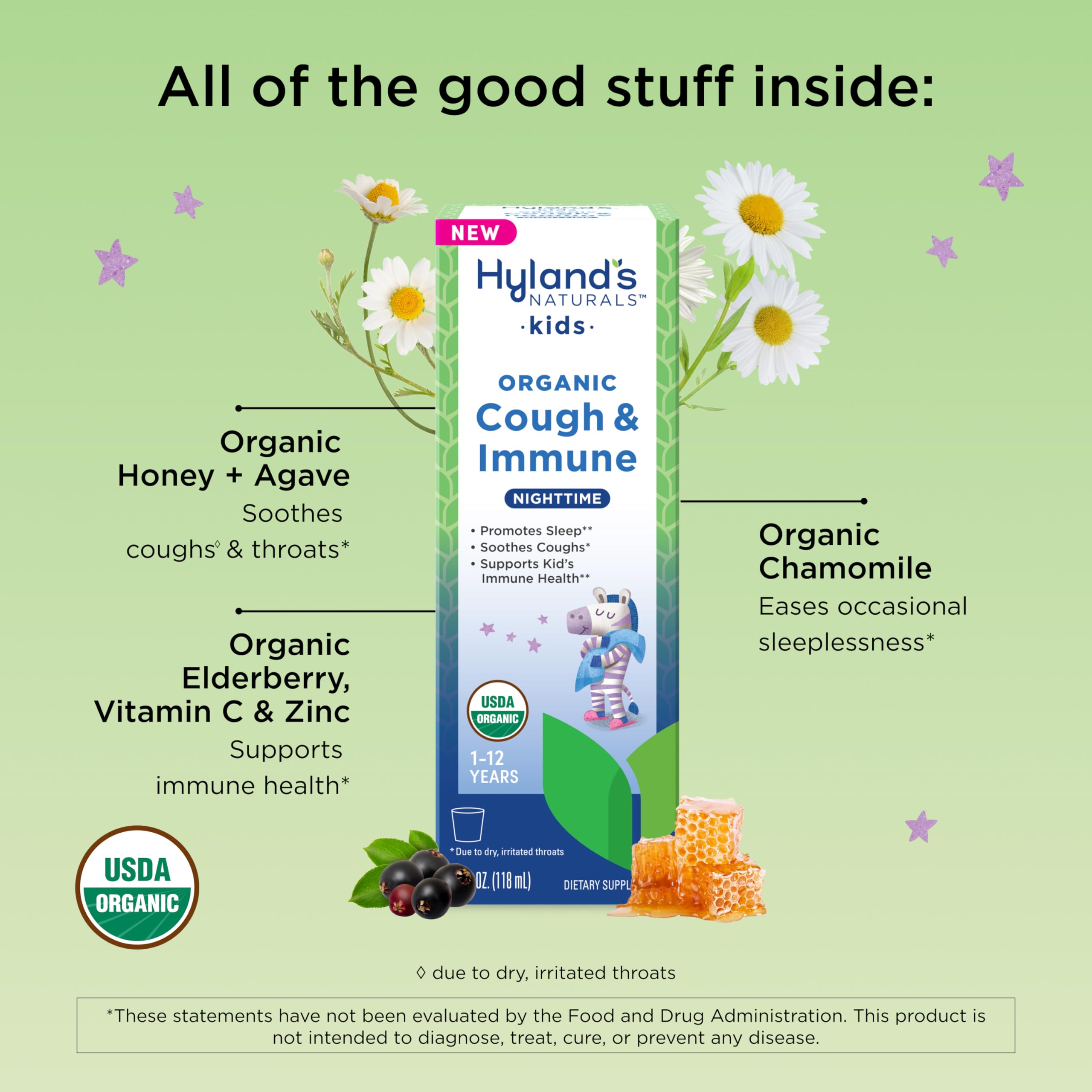 Hylands Kids Nighttime Organic Cough Syrup and Immune Support with Agave, Elderberry and Pomegranate, Soothes Cough, and Suppor