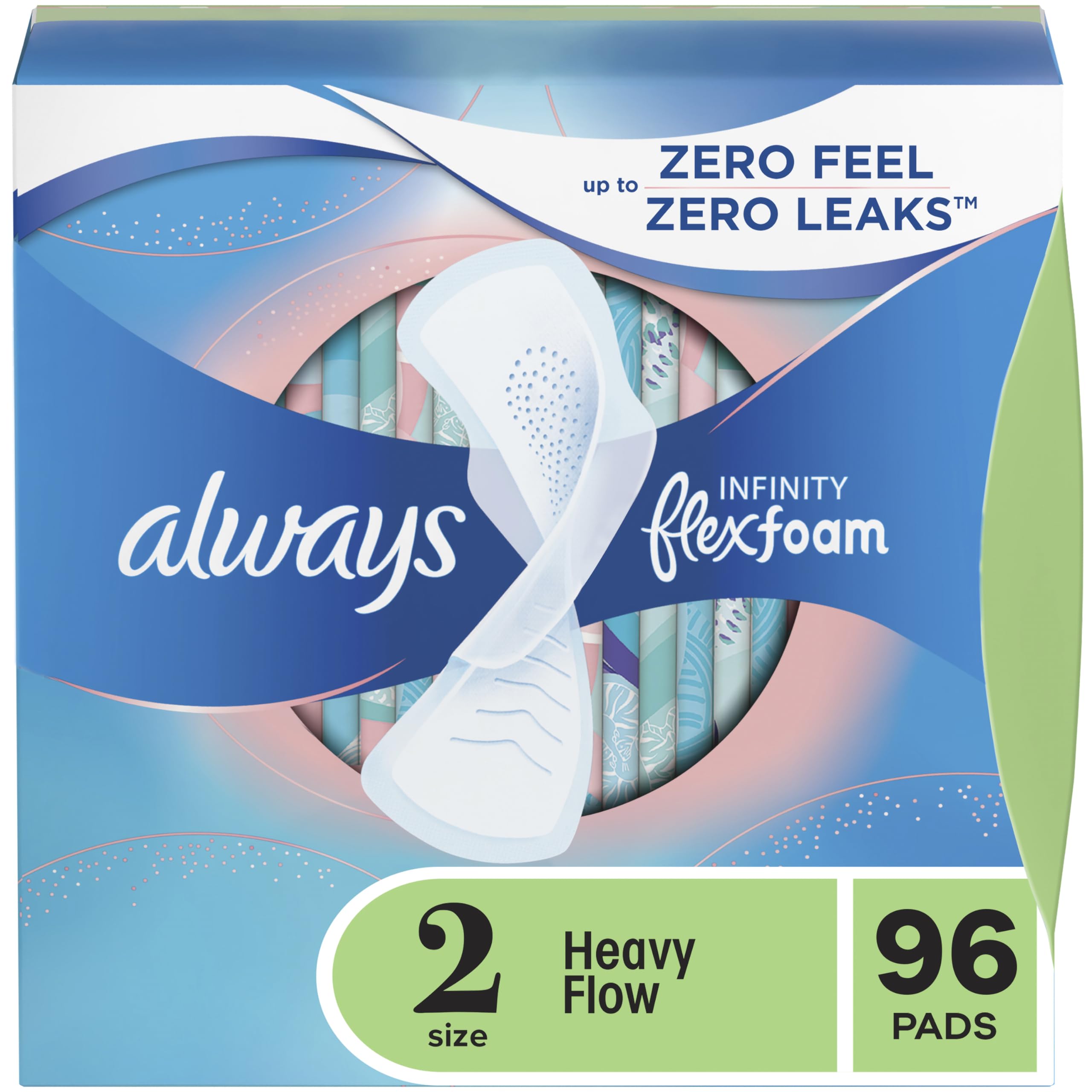 Always Infinity Feminine Pads For Women, Size 2 Heavy Flow Absorbency, Multipack, With Flexfoam, With Wings, Unscented, 32 Count