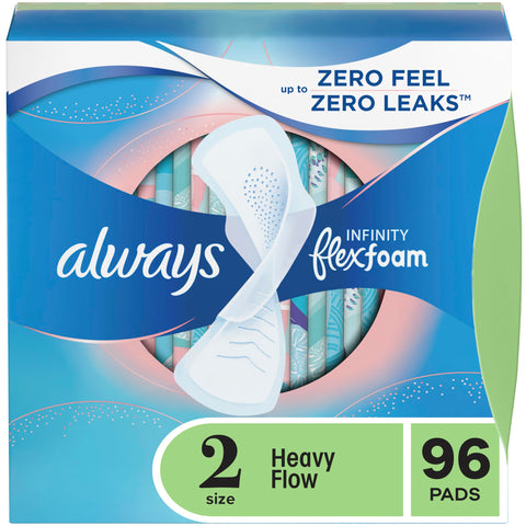 Always Infinity Feminine Pads For Women, Size 2 Heavy Flow Absorbency, Multipack, With Flexfoam, With Wings, Unscented, 32 Count