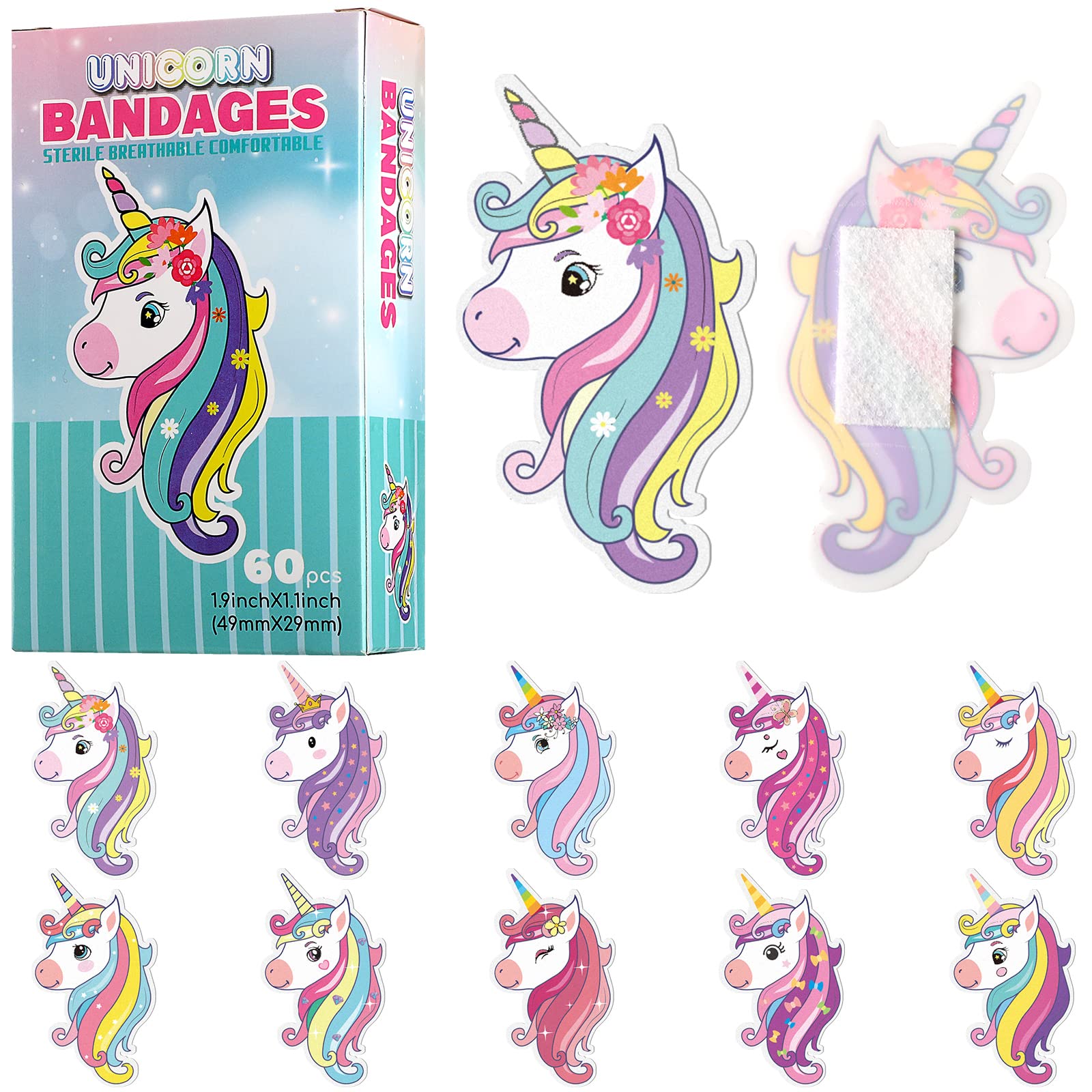 60 Pcs 10 Styles Unicorn Kids Bandages Kawaii Cute Cartoon Unicorn Colorful Funny Protection Care Adhesive Bandages for Toddlers