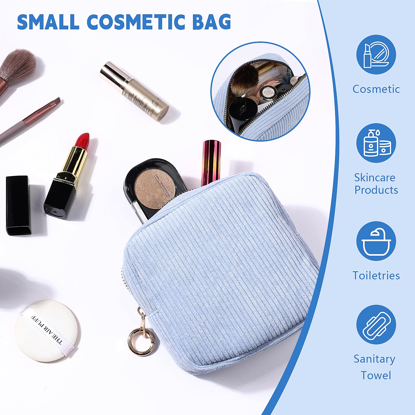 Playexen Period Bag for Teen Girls, Corduroy Sanitary Napkin Storage Bag, Menstrual Pad Pouches Tampon Holder for Purse (Blue)