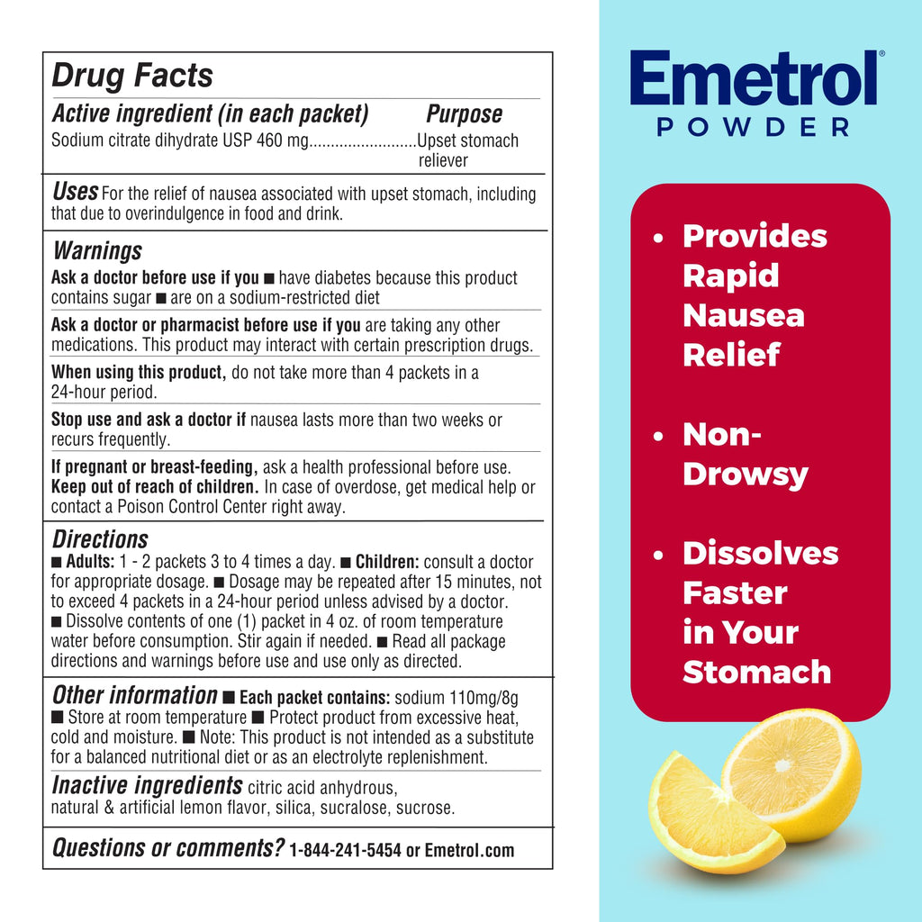 Emetrol Non-Drowsy Nausea Relief Powder Mix - Electrolyte Drink Mix for Rapid Upset Stomach & Nausea Relief, Morning Recovery &