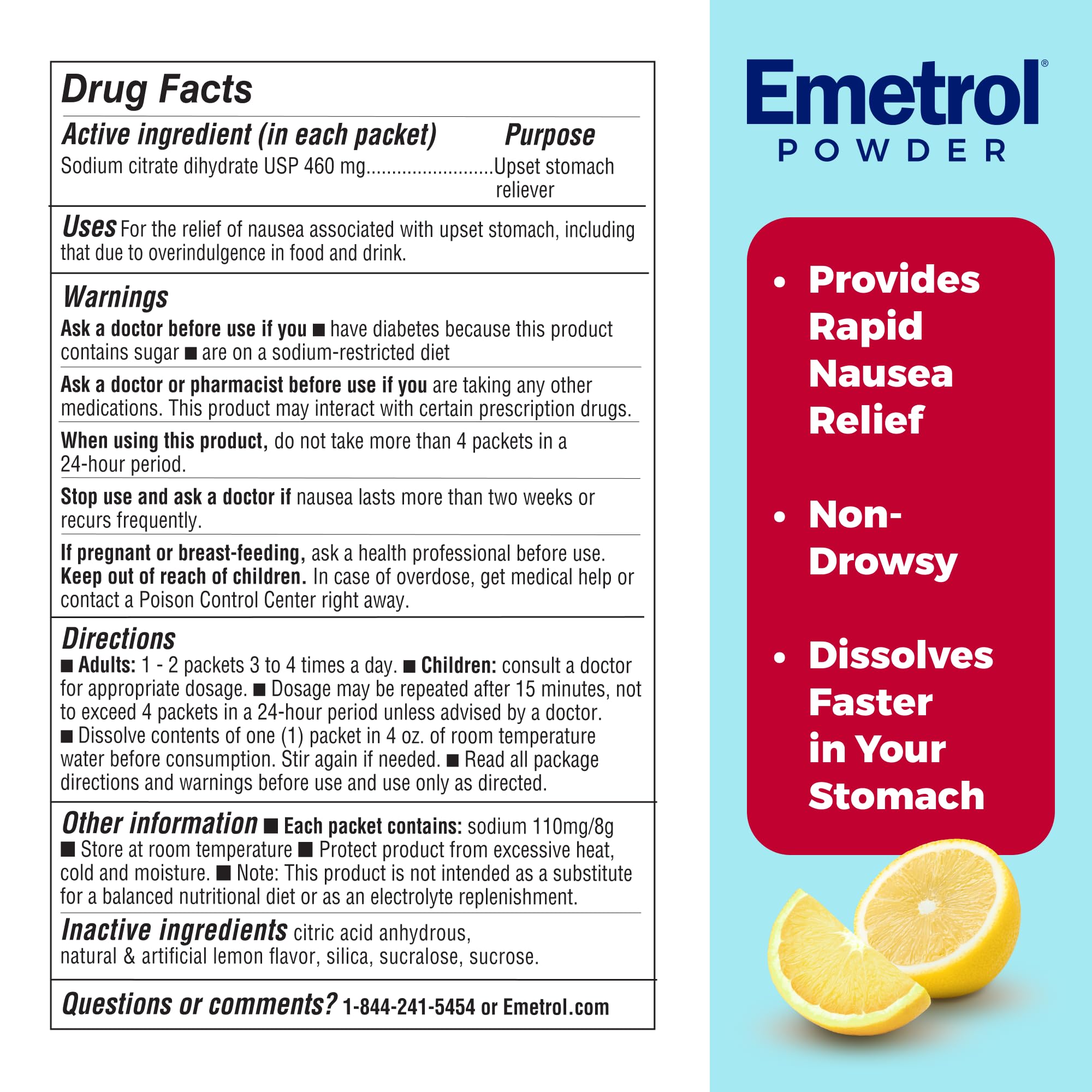 Emetrol Non-Drowsy Nausea Relief Powder Mix - Electrolyte Drink Mix for Rapid Upset Stomach & Nausea Relief, Morning Recovery &