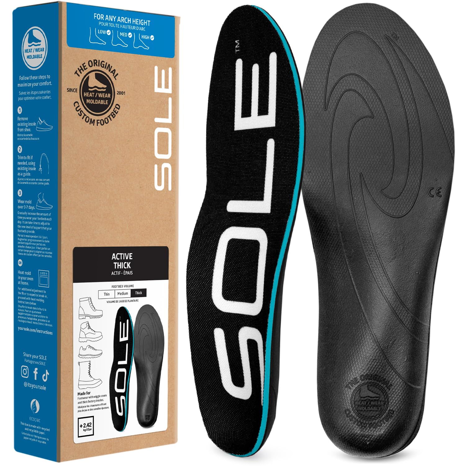 SOLE Active Thick Shoe Insoles - Orthotic Arch Support Inserts for Plantar Fasciitis Relief and Comfort - Mens Size 9/Womens Siz