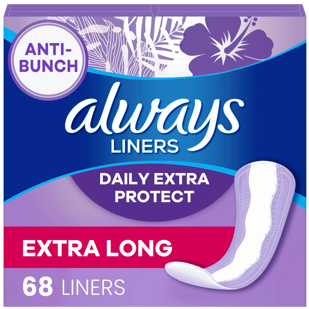 Always Anti-Bunch Xtra Protection, Panty Liners for Women, Extra Long Length, Unscented, 68 Count
