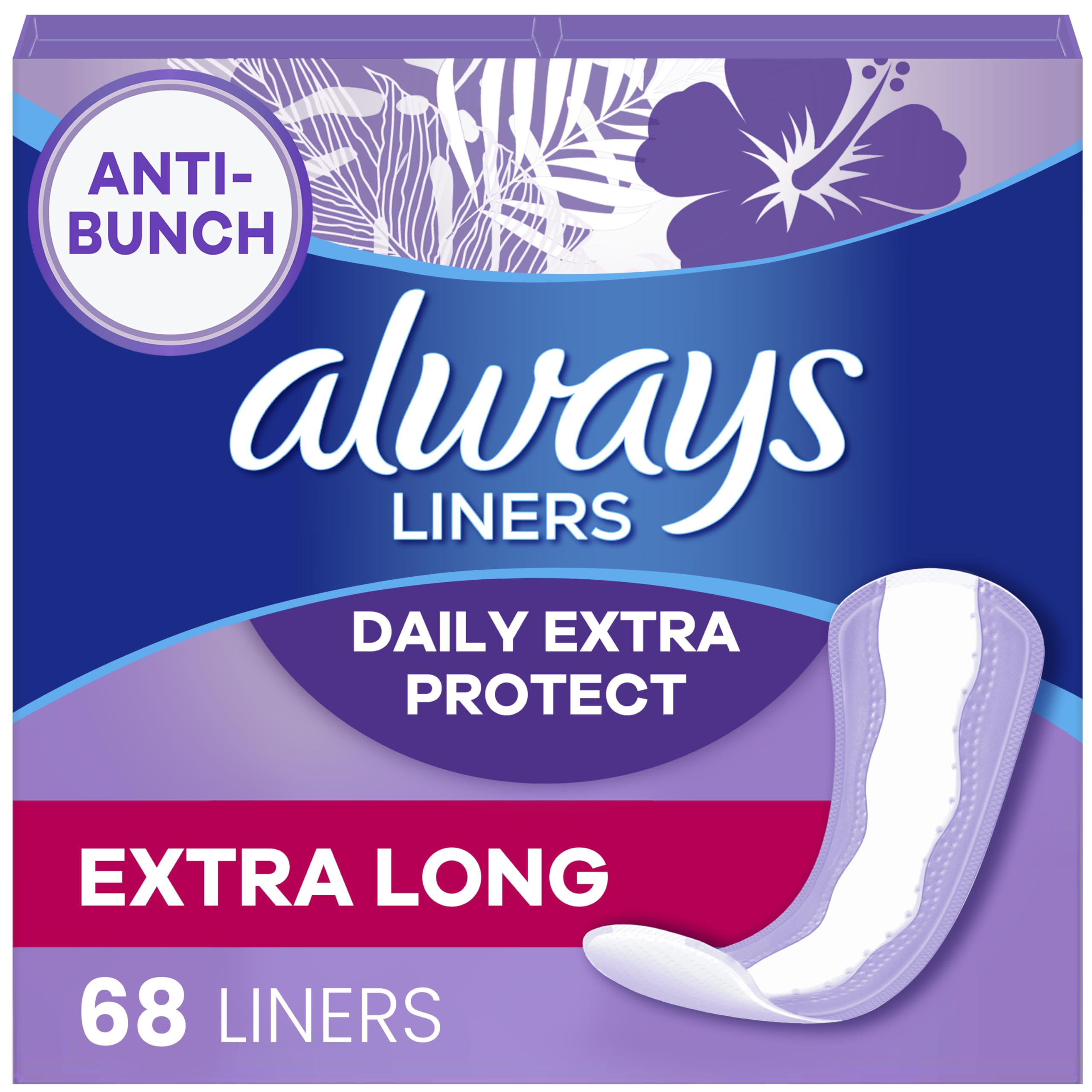 Always Anti-Bunch Xtra Protection, Panty Liners for Women, Extra Long Length, Unscented, 68 Count