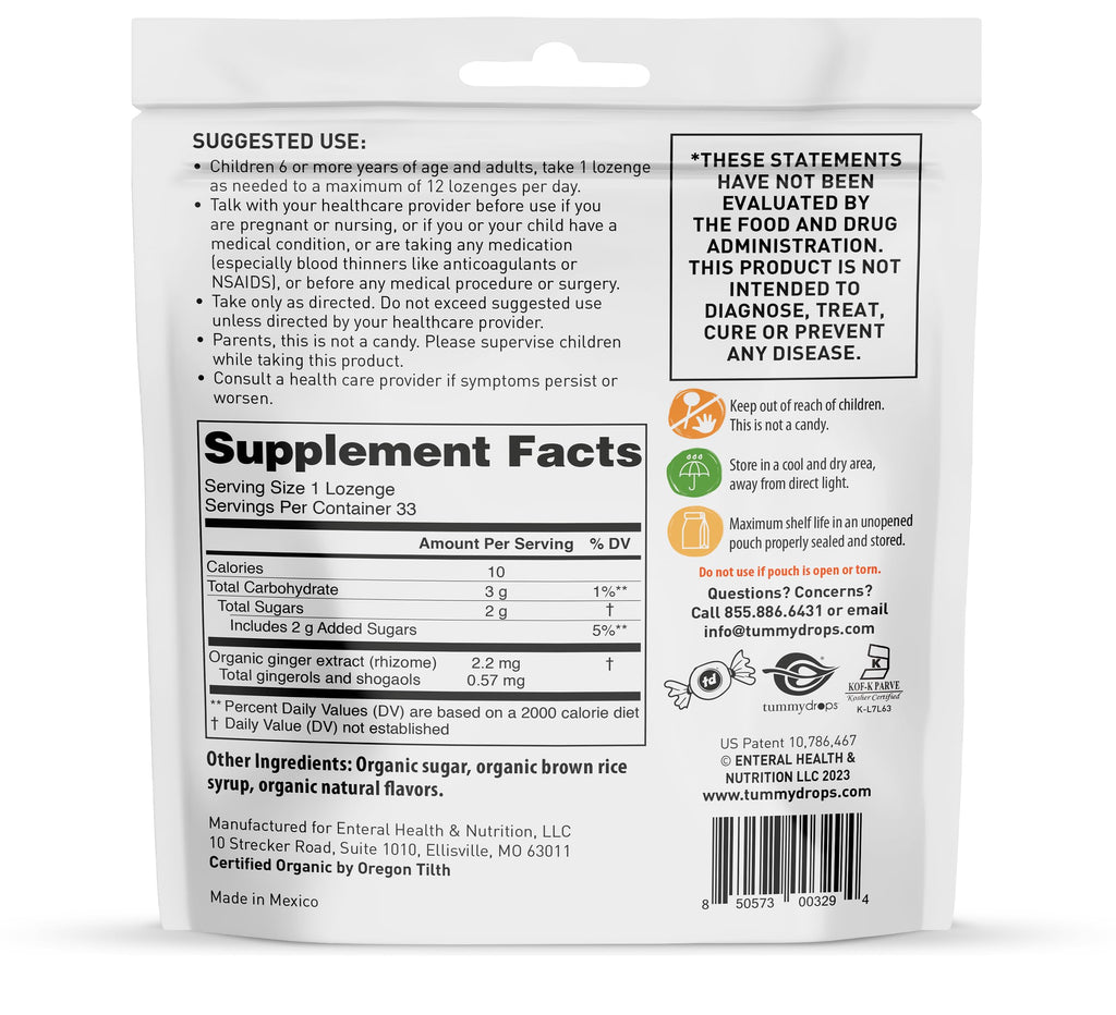 USDA Organic Sweet Ginger Pear Tummydrops, Gluten Free & Vegan. 33 Individually Wrapped Organic Ginger Lozenges in a Resealable