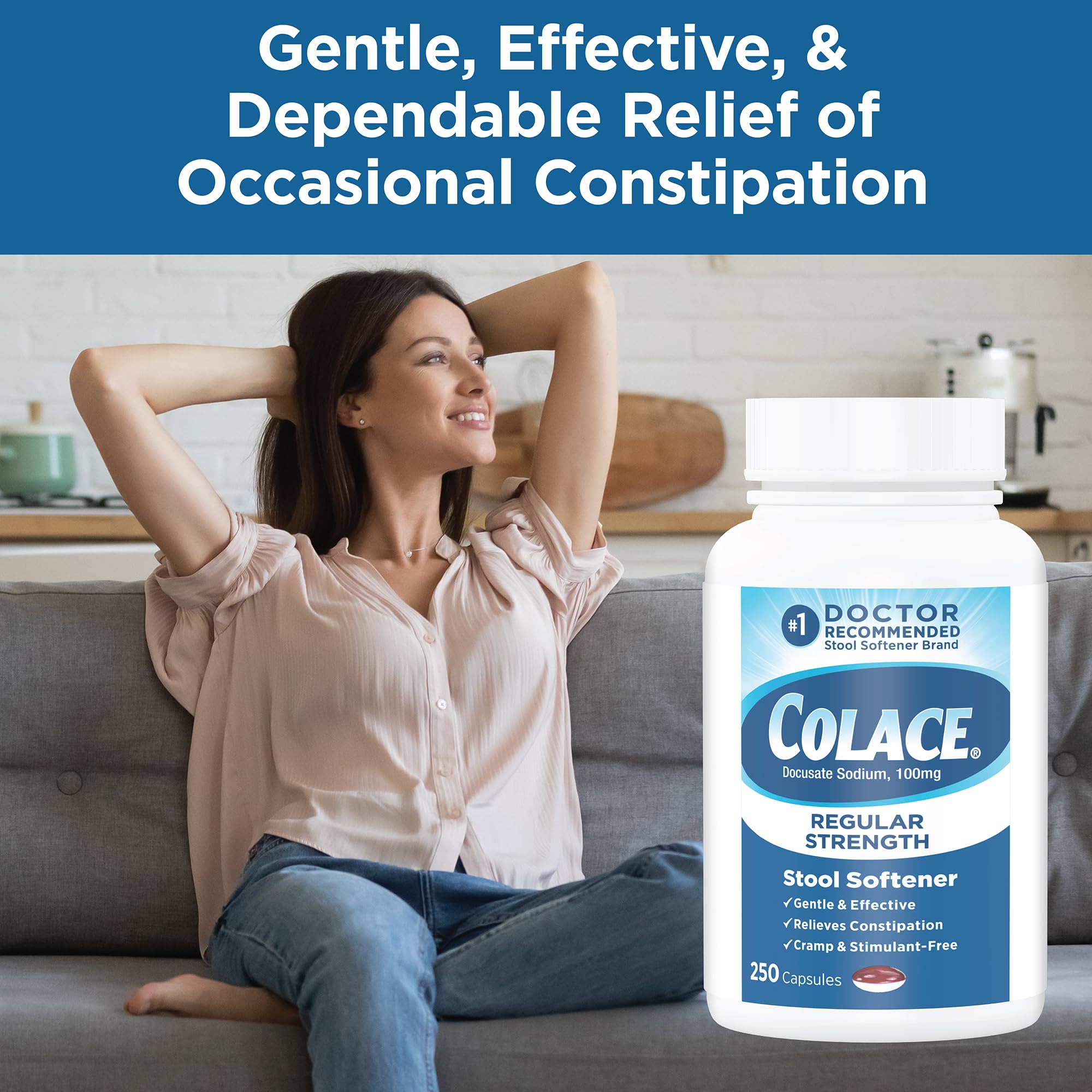 Colace Regular Strength Stool Softener, 100 mg Capsules, 250 Count, Docusate Sodium Stool Softener for Gentle, Dependable Relief