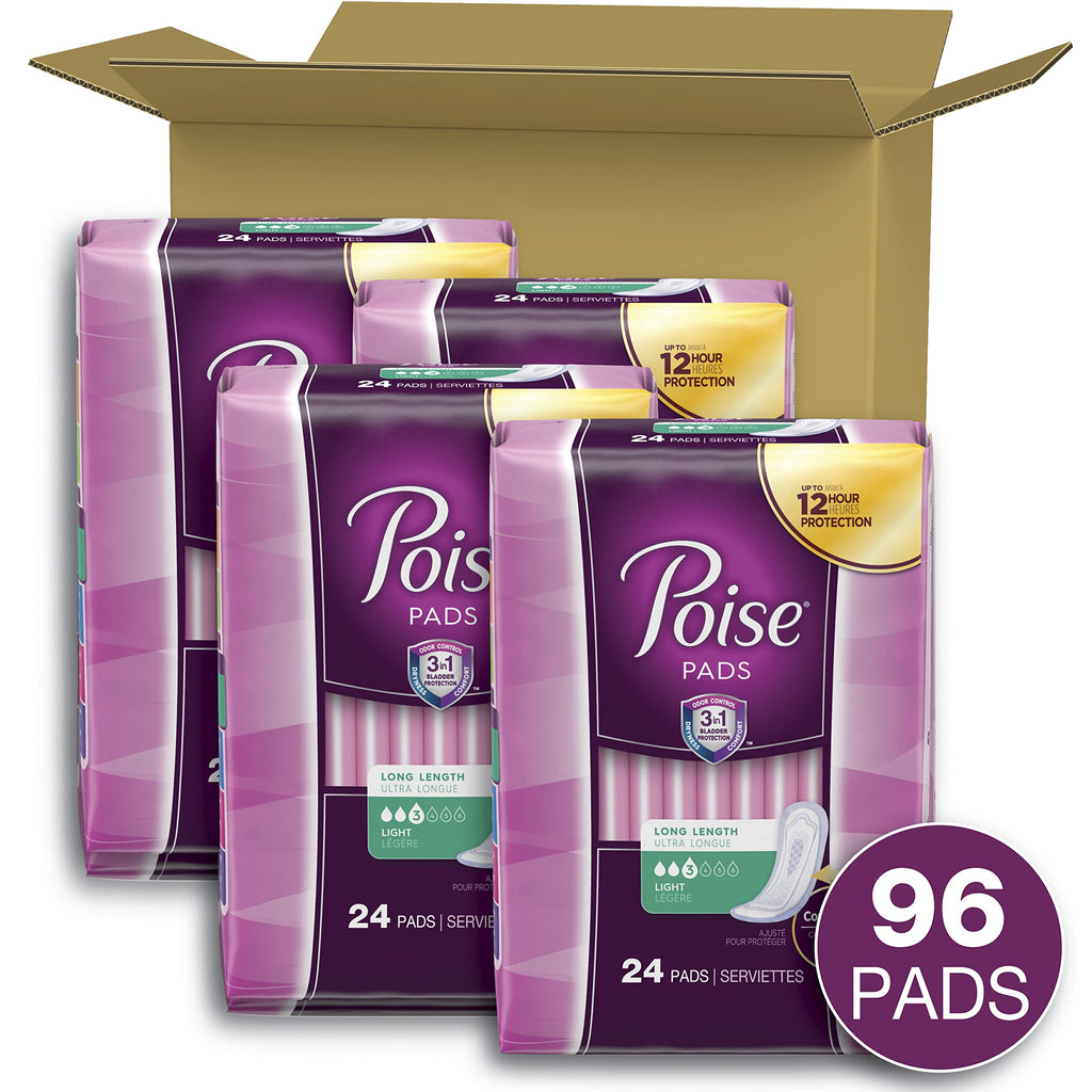 Poise Incontinence Pads & Postpartum Incontinence Pads, 3 Drop Light Absorbency, Long Length, 96 Count (4 Packs of 24), Packagin