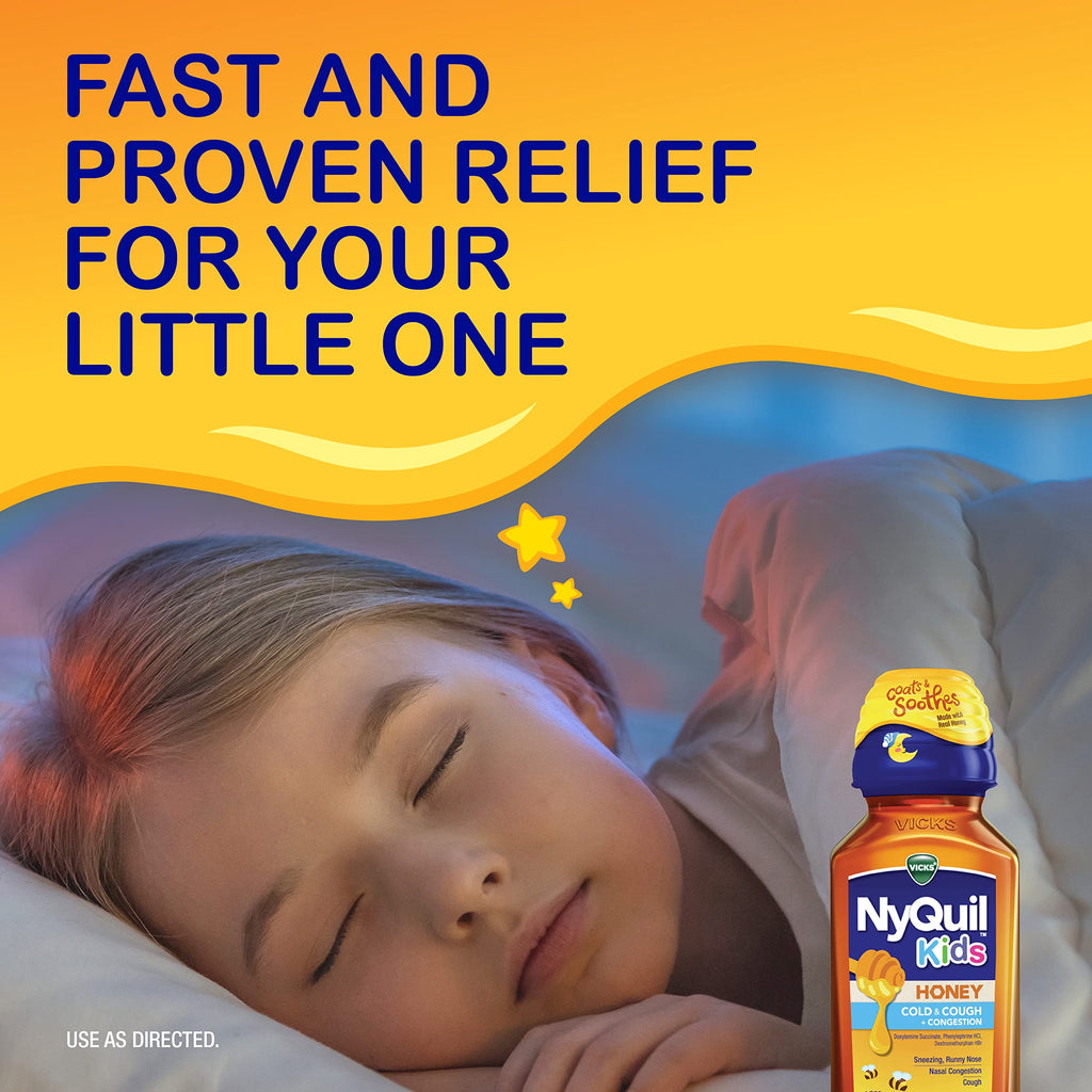 Vicks Kids NyQuil Honey Cold & Cough + Congestion Relief for Nighttime Sneezing, Runny Nose, Nasal Congestion & Cough, Flavored