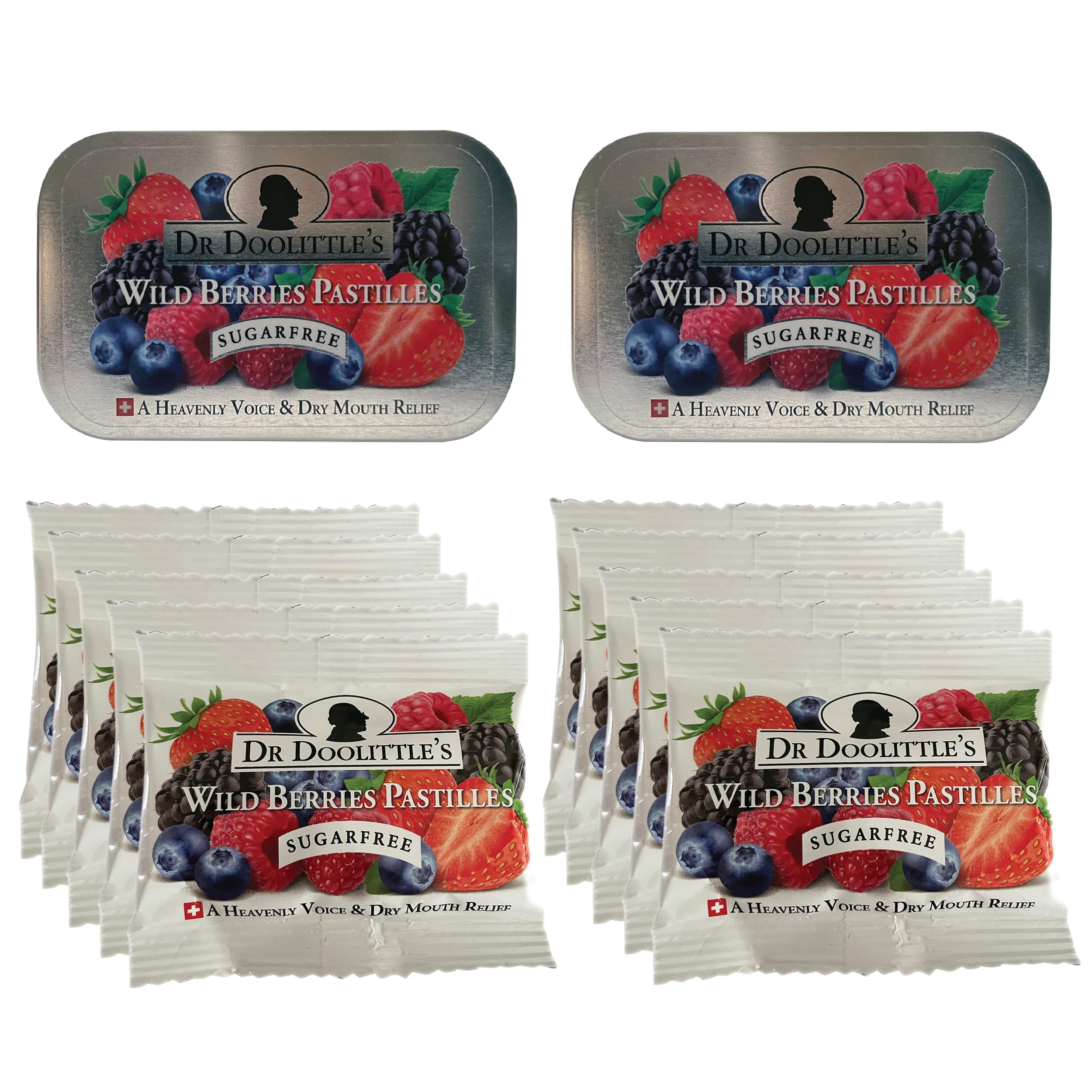 Dr. Doolittles Sugar Free Soft Fruit Pastilles for Voice and Throat, Wild Berries Flavor, Multipack of 2.12 Ounce Tin, 2 Pack an