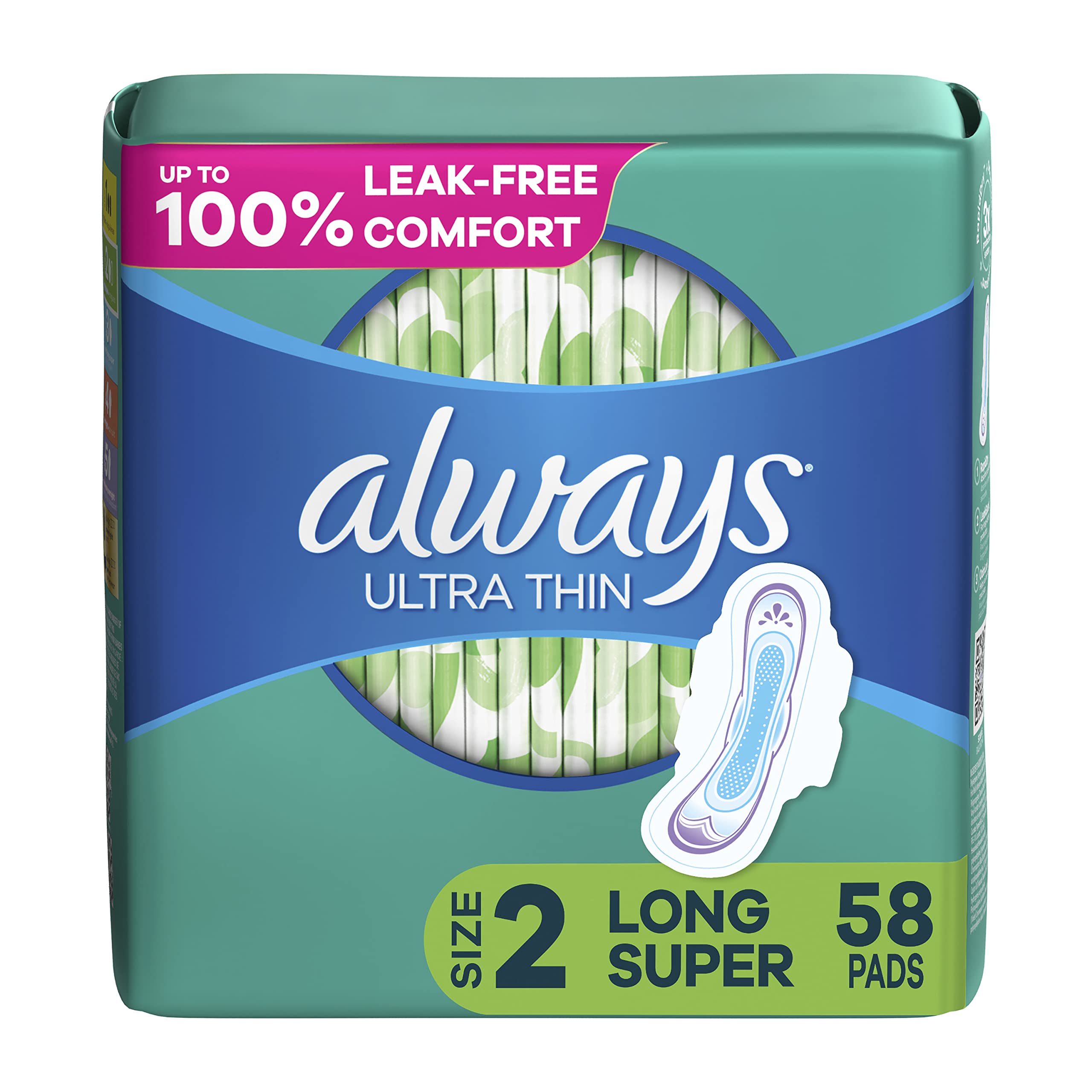 Always Ultra Thin Pads Size 2 Super Long Absorbency Unscented with Wings, 58 Count, Packaging May Vary