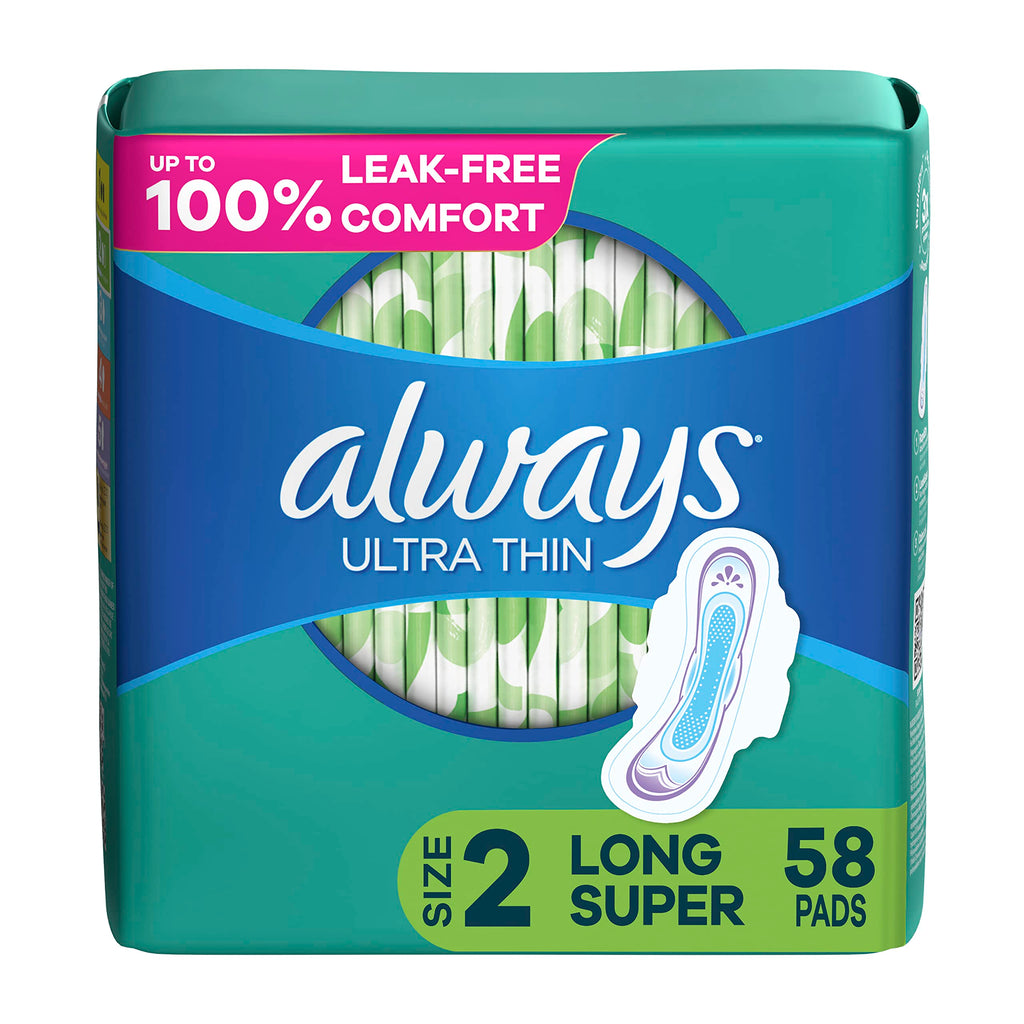 Always Ultra Thin Pads Size 2 Super Long Absorbency Unscented with Wings, 58 Count, Packaging May Vary