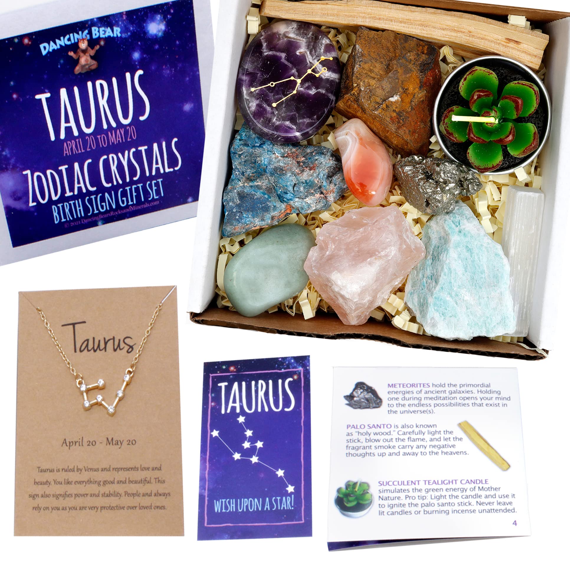 DANCING BEAR Taurus Zodiac Healing Crystals Gift Set (14 Pc): 9 Stones, 18K Gold-Plated Constellation Necklace, Meteorite, Succu