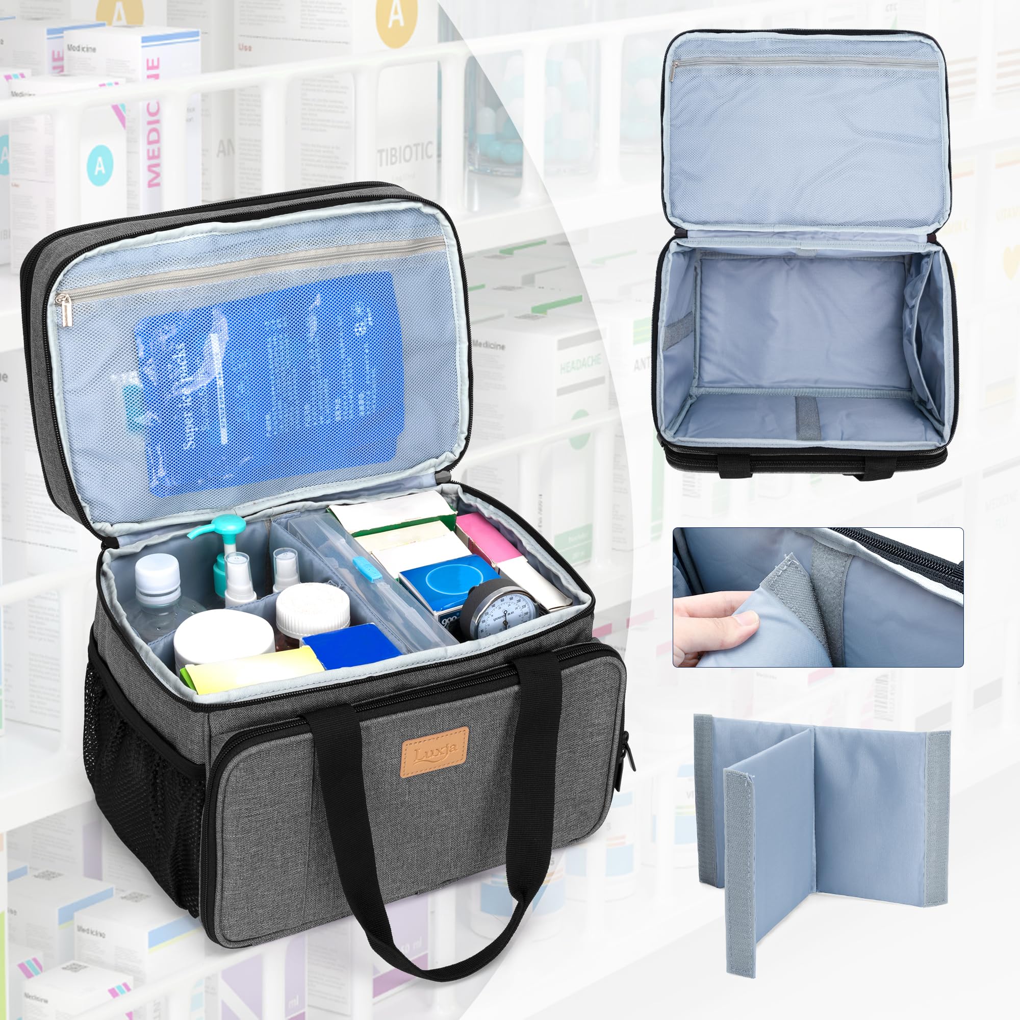 LUXJA 2 Layers Medicine Bag with Detachable Divider, Pill Bottle Organizer Suitable for Home or Travel Use, Gray