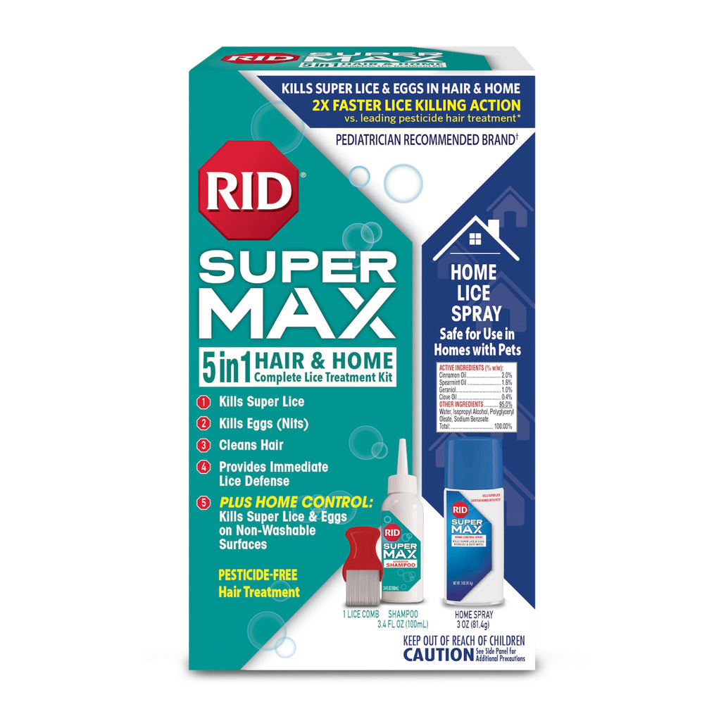 RID Super MAX 5-in-1: Hair & Home Complete Lice Treatment Kit, Kills Super Lice & Eggs in Hair & Home, 3.4 FL OZ Lice Shampoo + 