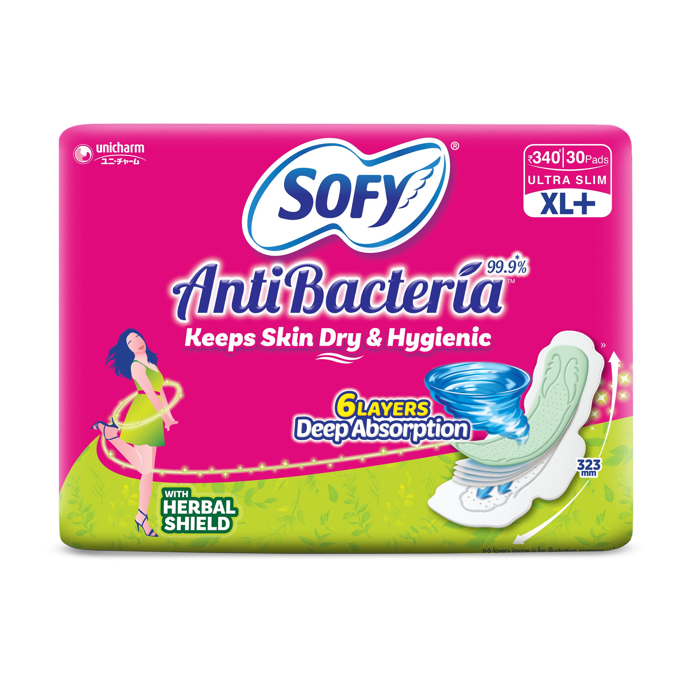 Sofy Antibacteria Xl+  323Mm | 30 Count Pads | For Women Sanitary Pads | Keep Skin Dry | 6 Layer Deep Absorption | Herbal Sheil