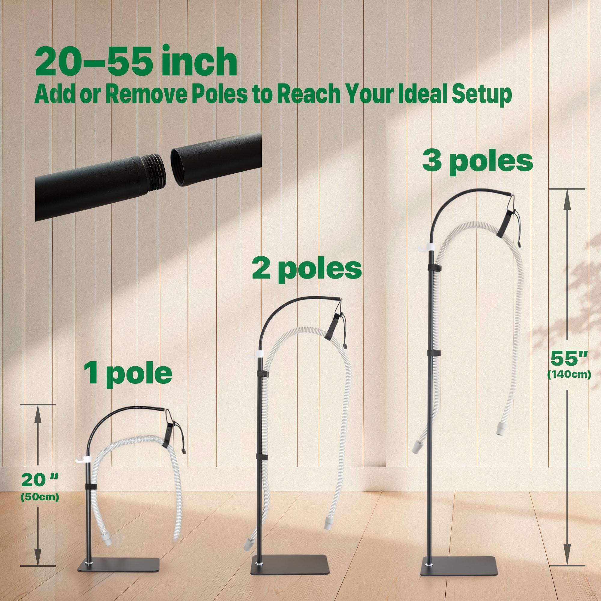 CPAP Hose Holder Stand for Improving Sleep Comfort- Customizable Height & Position for All Bed Heights, Includes Mask Hook & Tub