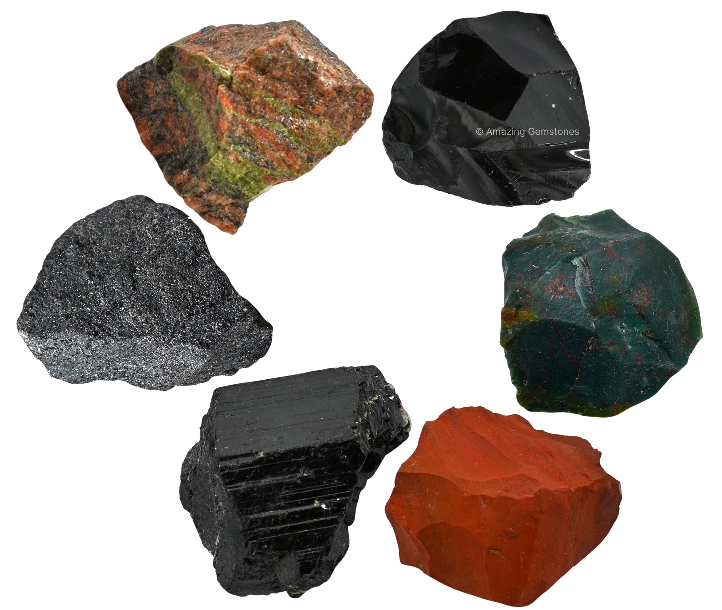 Crystals for Health Manifestation, Set of 6 Red Jasper, Black Obsidian, Black Tourmaline, Bloodstone, Hematite and Unakite Heali