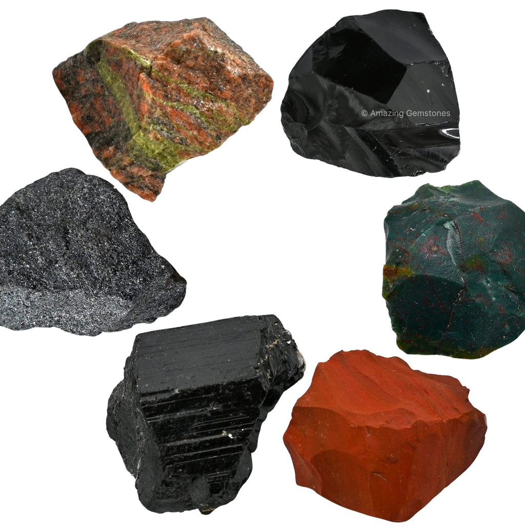Crystals for Health Manifestation, Set of 6 Red Jasper, Black Obsidian, Black Tourmaline, Bloodstone, Hematite and Unakite Heali