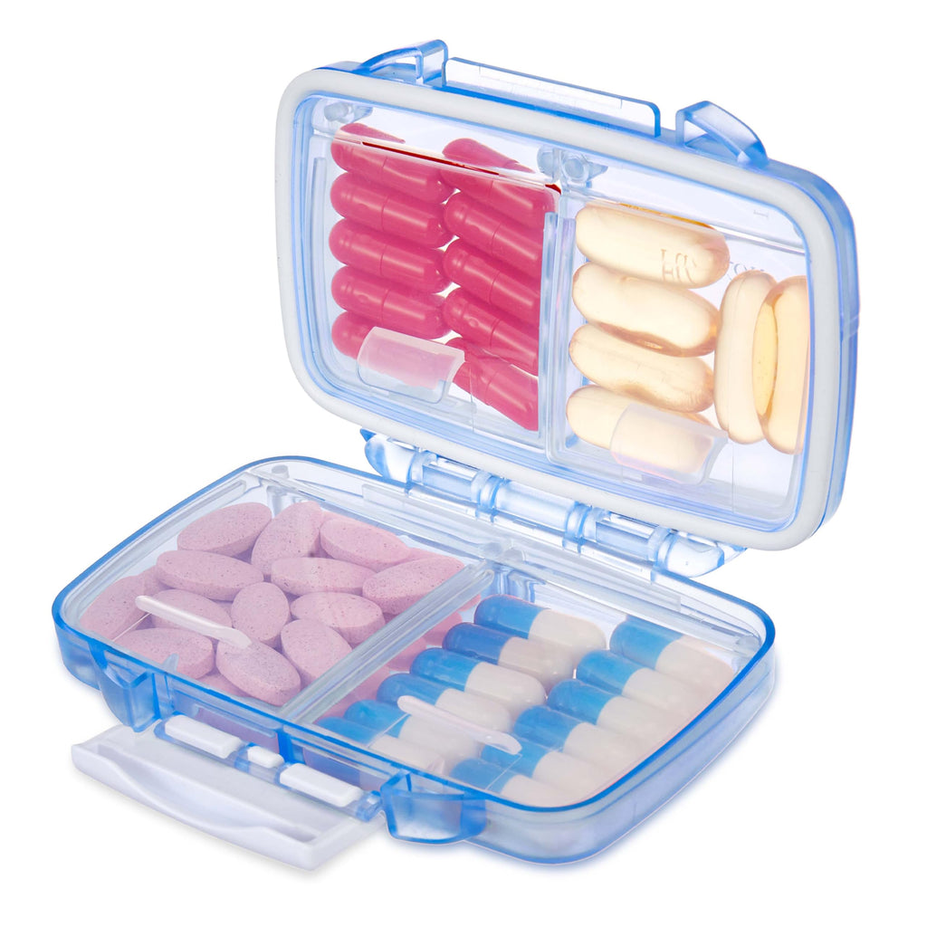 Fullicon Travel Pill Organizer, 4 Compartments Portable Pill Case, Moisture Proof Small Pill Box with Labels, Travel Pill Case w