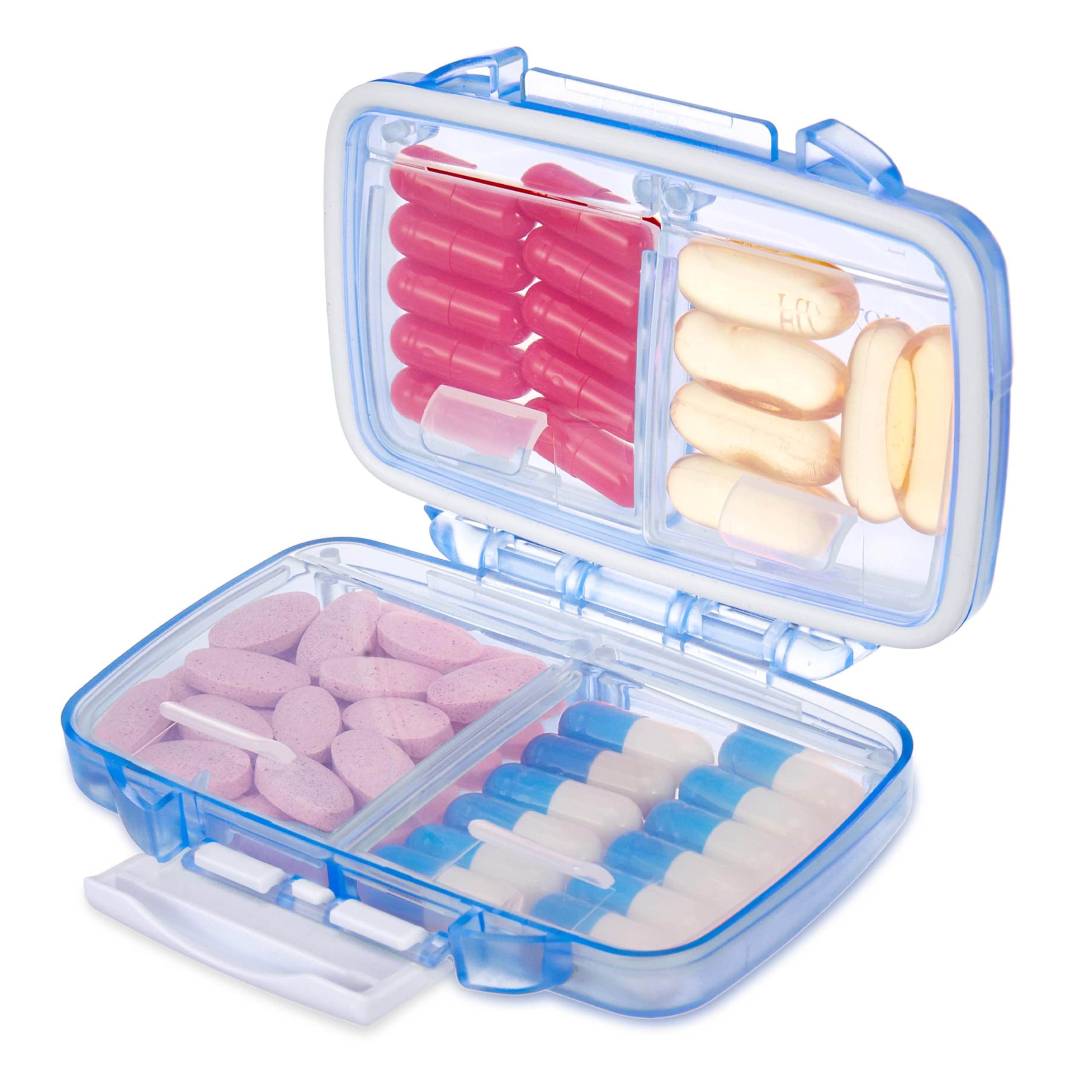 Fullicon Travel Pill Organizer, 4 Compartments Portable Pill Case, Moisture Proof Small Pill Box with Labels, Travel Pill Case w
