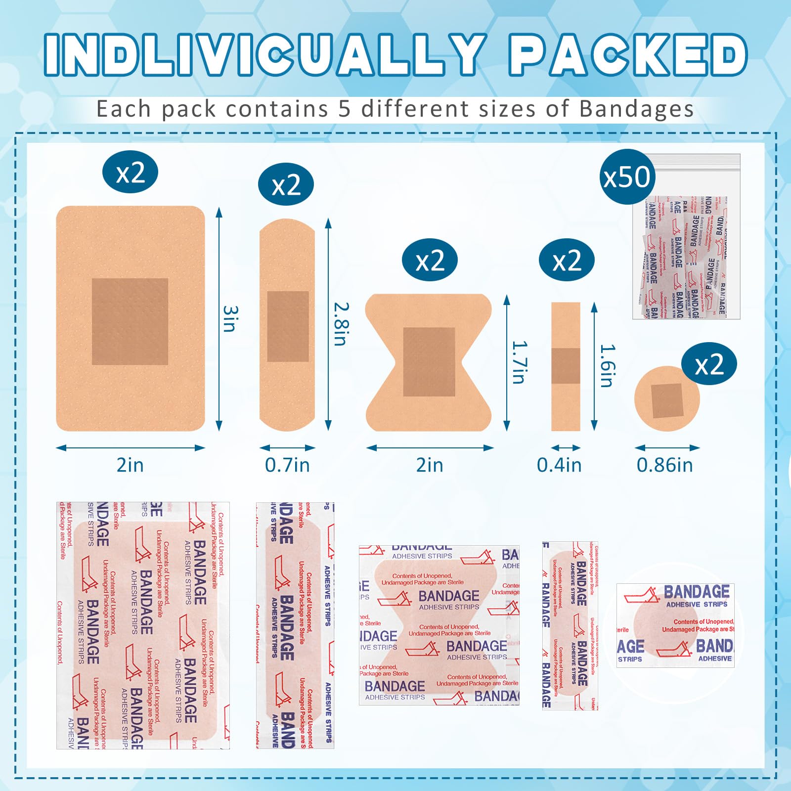 Geiserailie 500 Pcs Hygiene Kits for Homeless in Bulk Assorted Sizes Fingertip Bandages Waterproof, 50 Pack Individually Wrapped