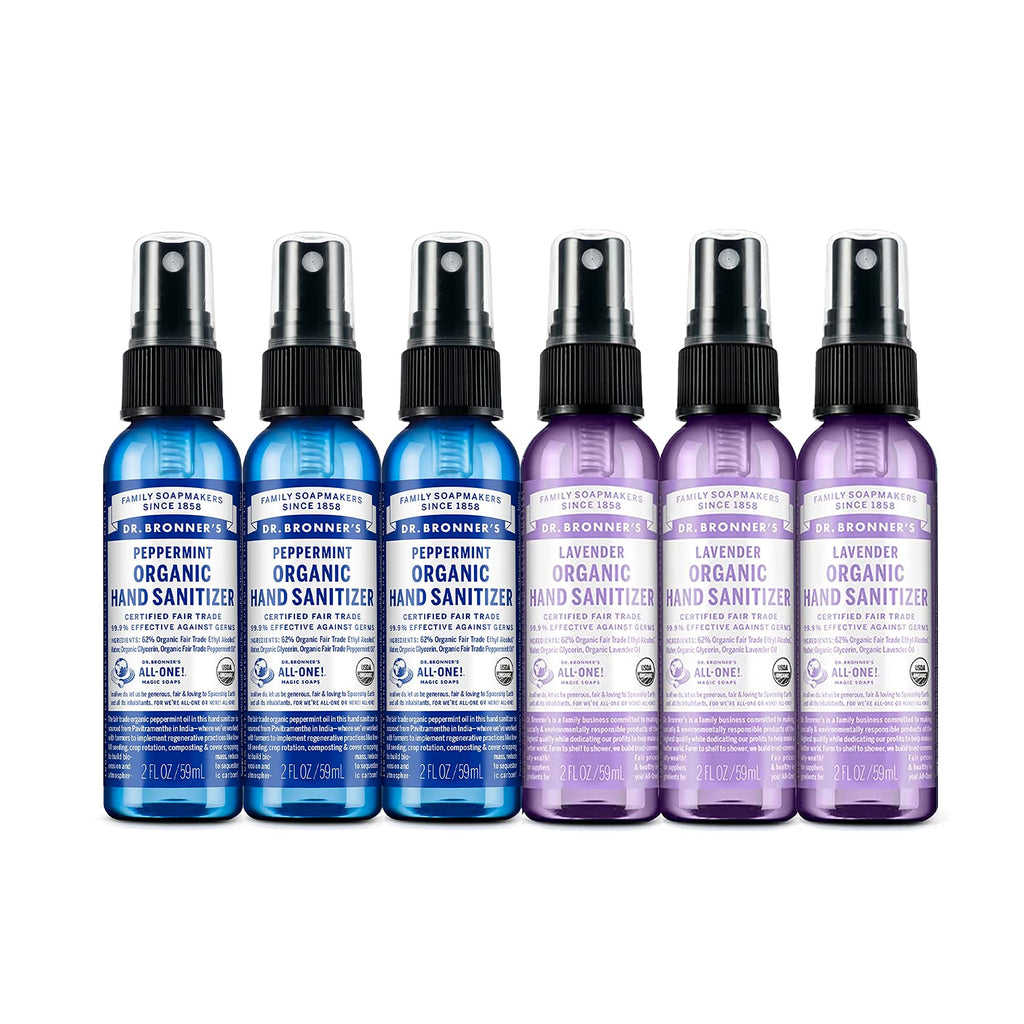 Dr. Bronners - Organic Hand Sanitizer Spray Variety Pack (Lavender & Peppermint, 2 oz, 6-Pack) Simple & Effective Formula, Clea
