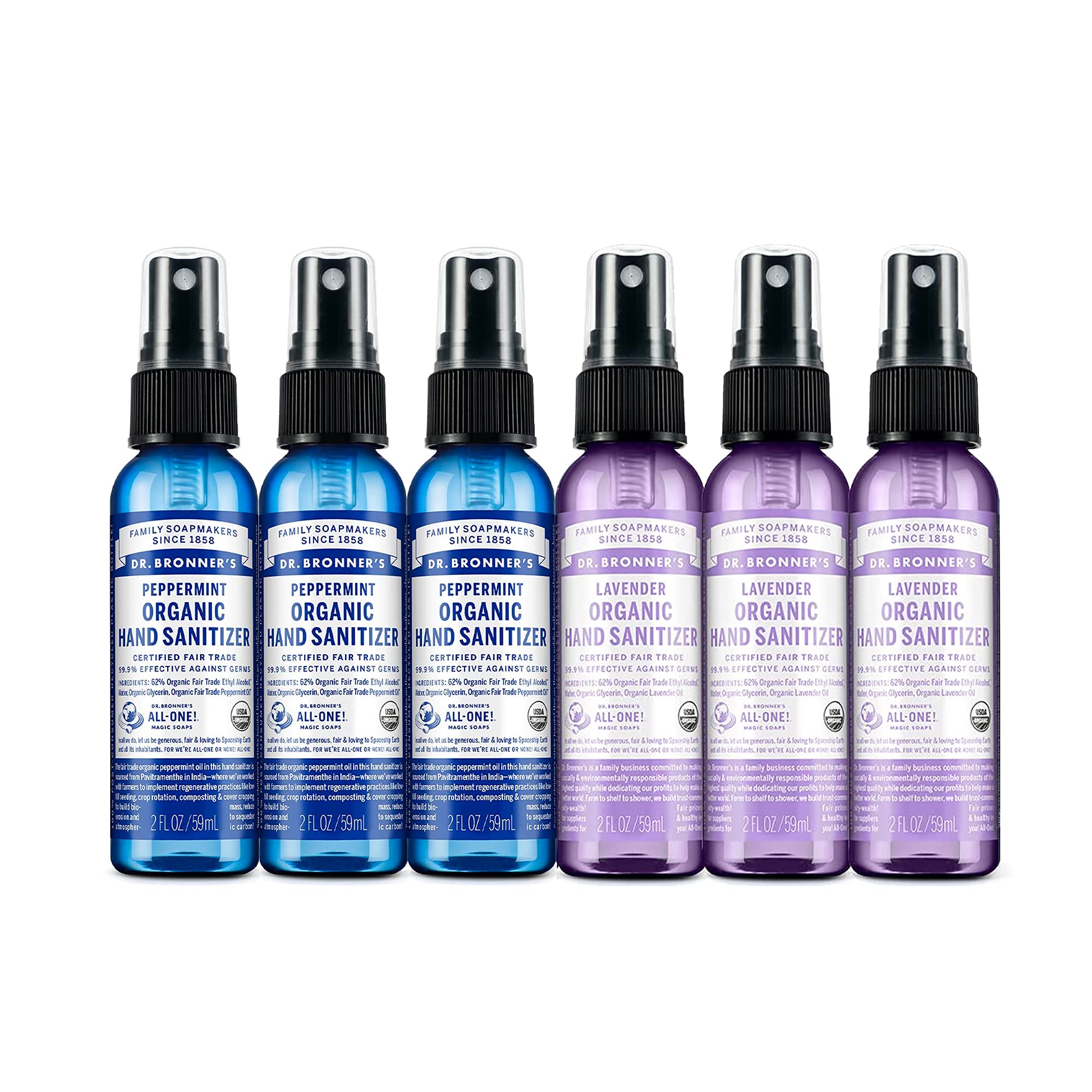 Dr. Bronners - Organic Hand Sanitizer Spray Variety Pack (Lavender & Peppermint, 2 oz, 6-Pack) Simple & Effective Formula, Clea