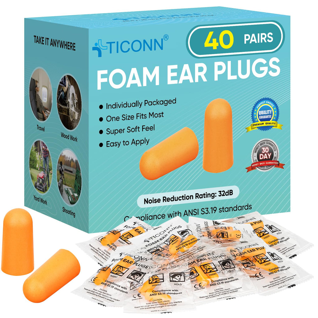 TICONN 40 Pairs Ear Plugs, 32dB Noise Reduction Earplugs for Sleeping Hearing Protection Travel Study Concentration Construction