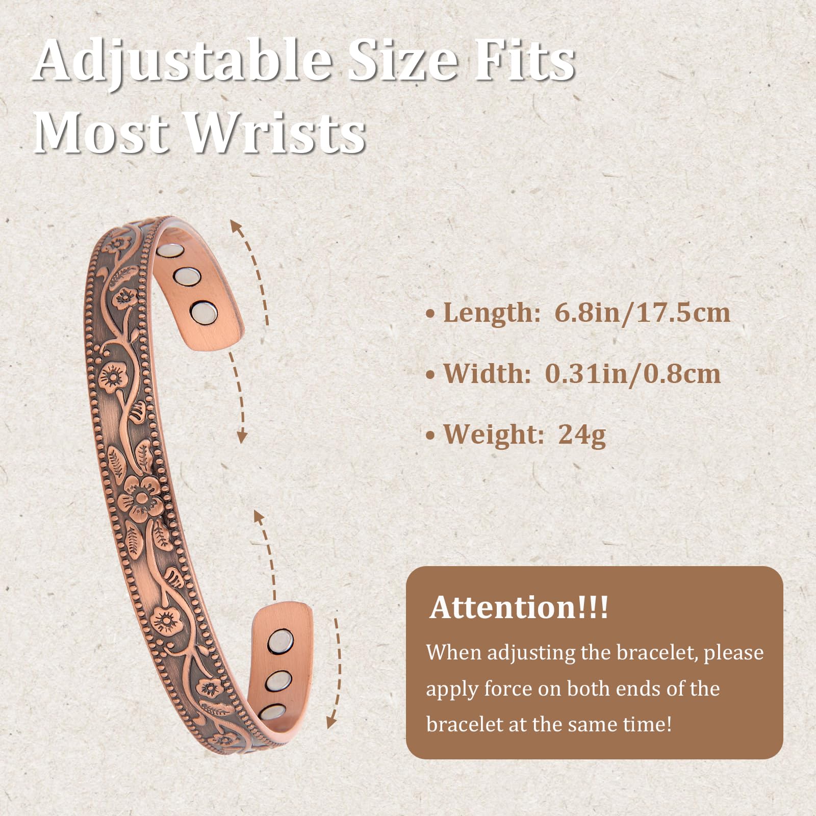 MagEnergy Copper Bracelets for Women, 99.9% Pure Copper Vintage Flower Magnetic Bangle with 3500 Gauss Magnets,6.8 Adjustable Cu