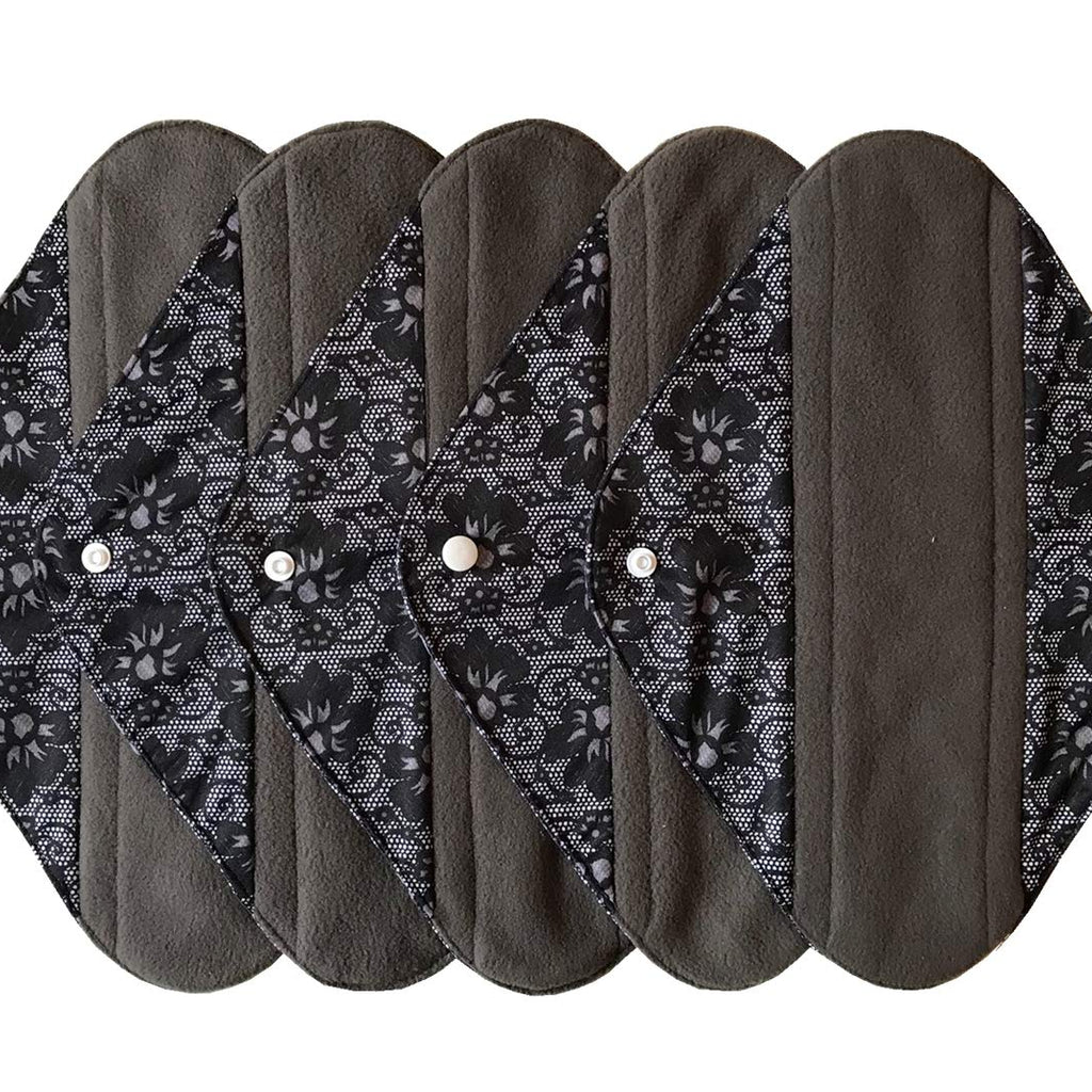 5 Pieces Charcoal Bamboo Mama Cloth/Menstrual Pads/Reusable Sanitary Pads (Black lace, Heavy (12 inch))