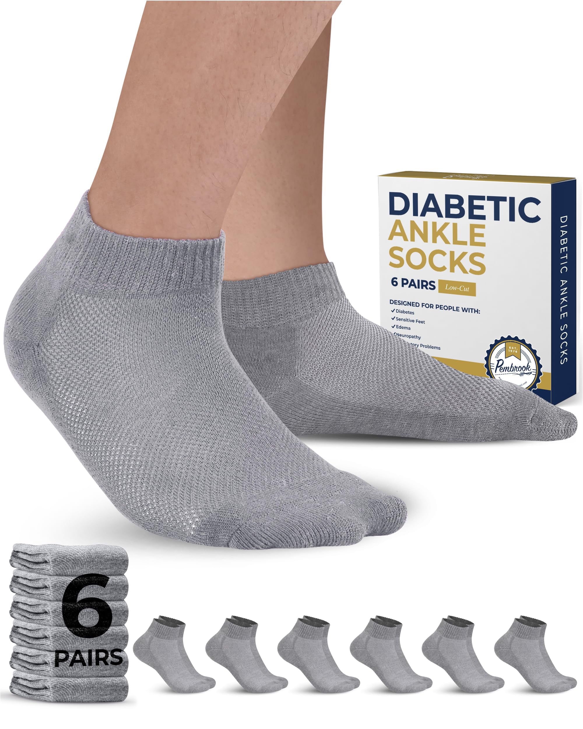 Pembrook Gray Ankle Diabetic Socks for Men & Women - 6 Pairs | Low Cut Stretch Top Mens Diabetic Socks | Ankle Moisture Wicking 
