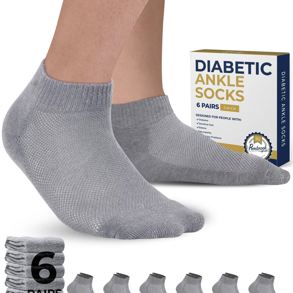 Pembrook Gray Ankle Diabetic Socks for Men & Women - 6 Pairs | Low Cut Stretch Top Mens Diabetic Socks | Ankle Moisture Wicking 
