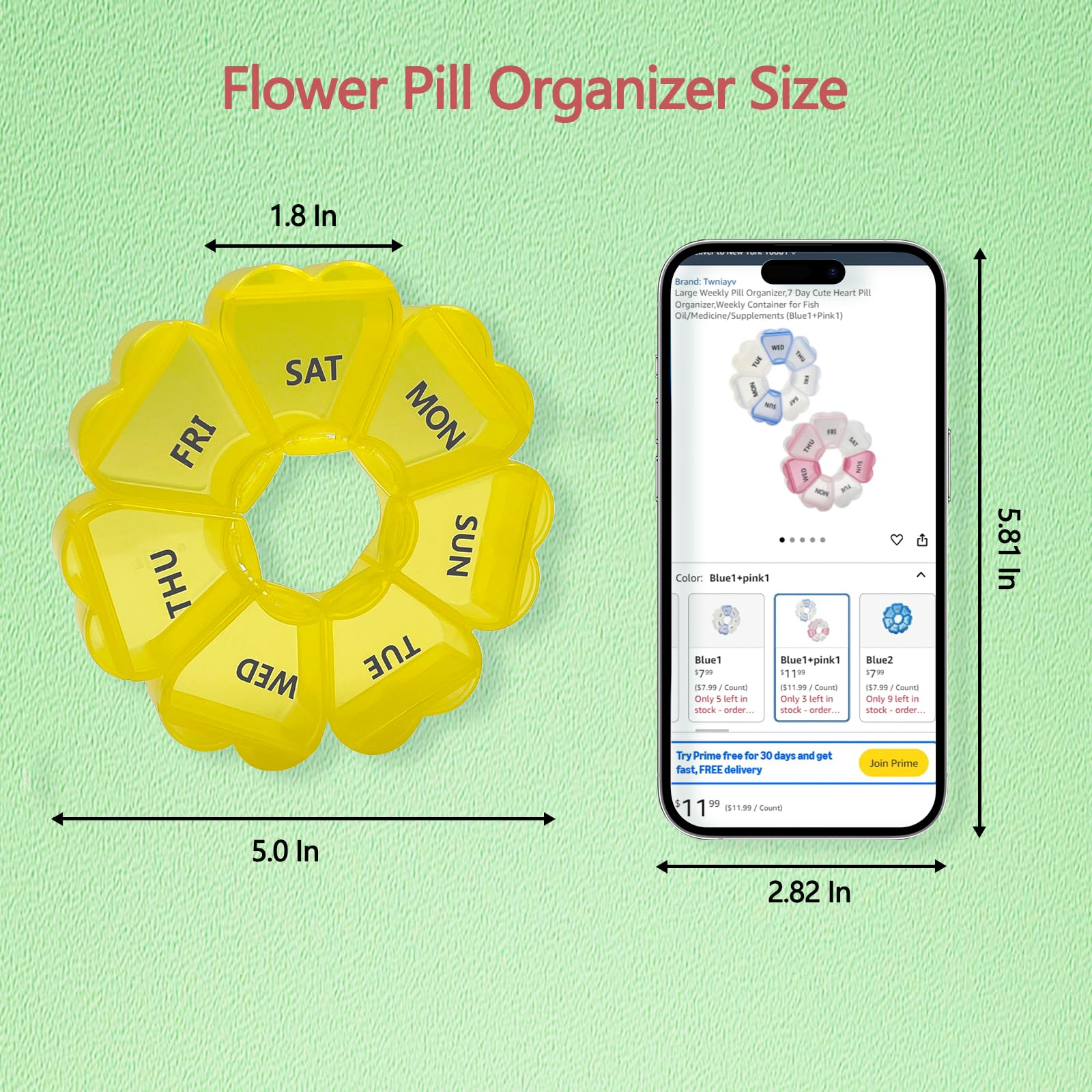 Large Weekly Pill Organizer,7 Day Cute Heart Pill Organizer,Weekly Container for Fish Oil/Medicine/Supplements (Blue1)