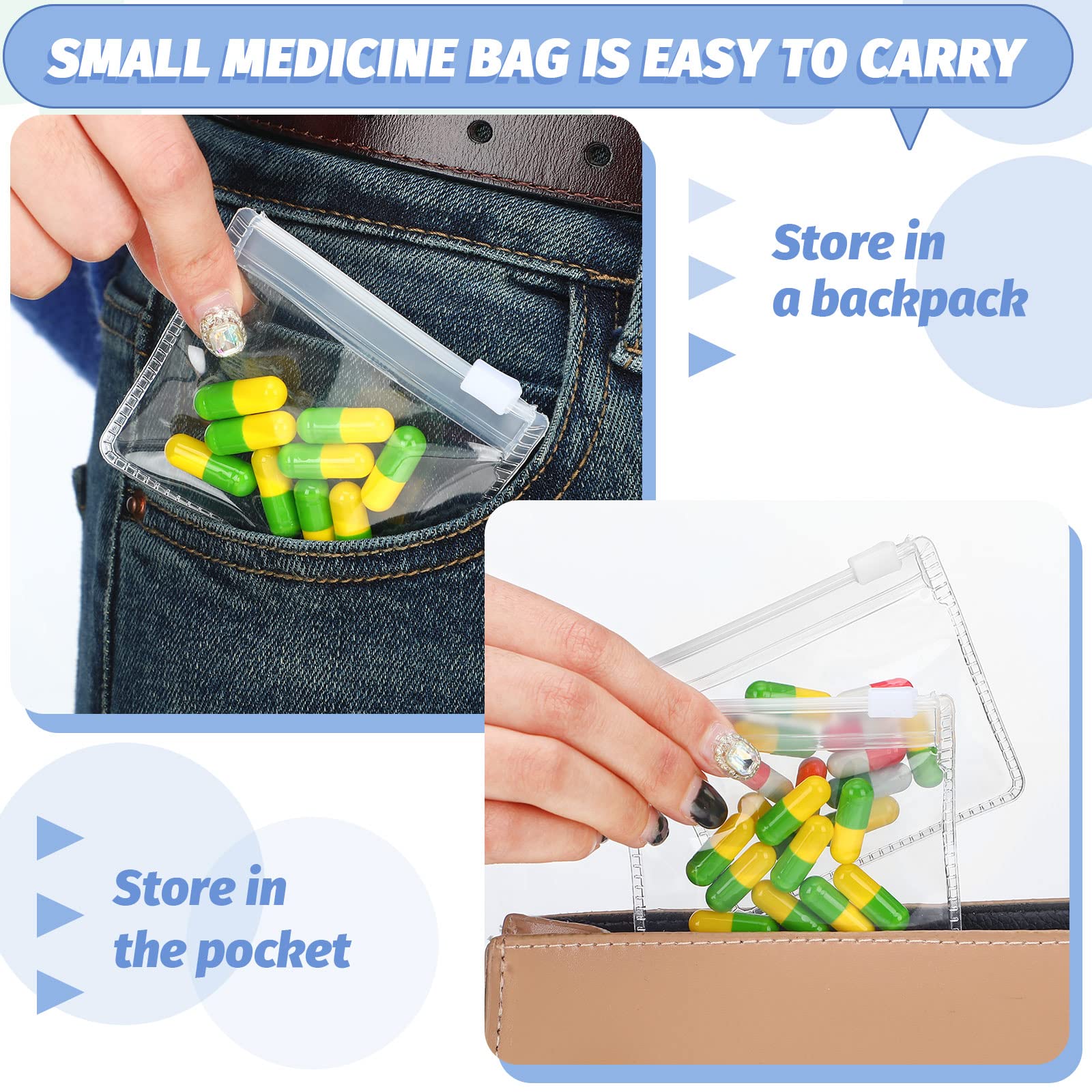 Nuanchu 24 Pieces Pill Pouches Bags Set Reusable Zippered Pill Baggies Clear Plastic Self Sealing Travel Medicine Organizer Stor