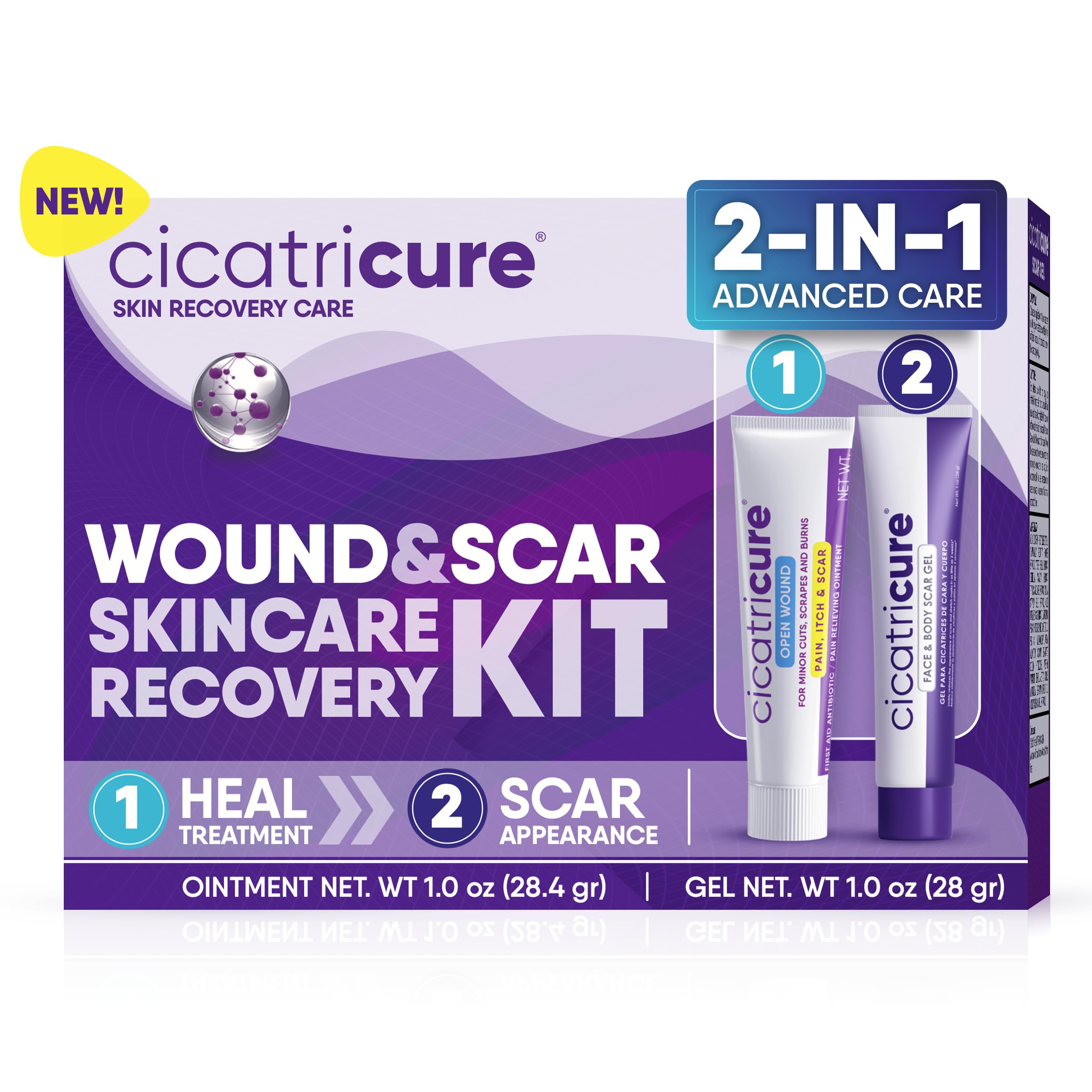 Cicatricure Skin Recovery Kit: Advanced Scar Gel & Open Wound Care Antibiotic Ointment, Reduces Stretch Marks, Surgical & Acne S