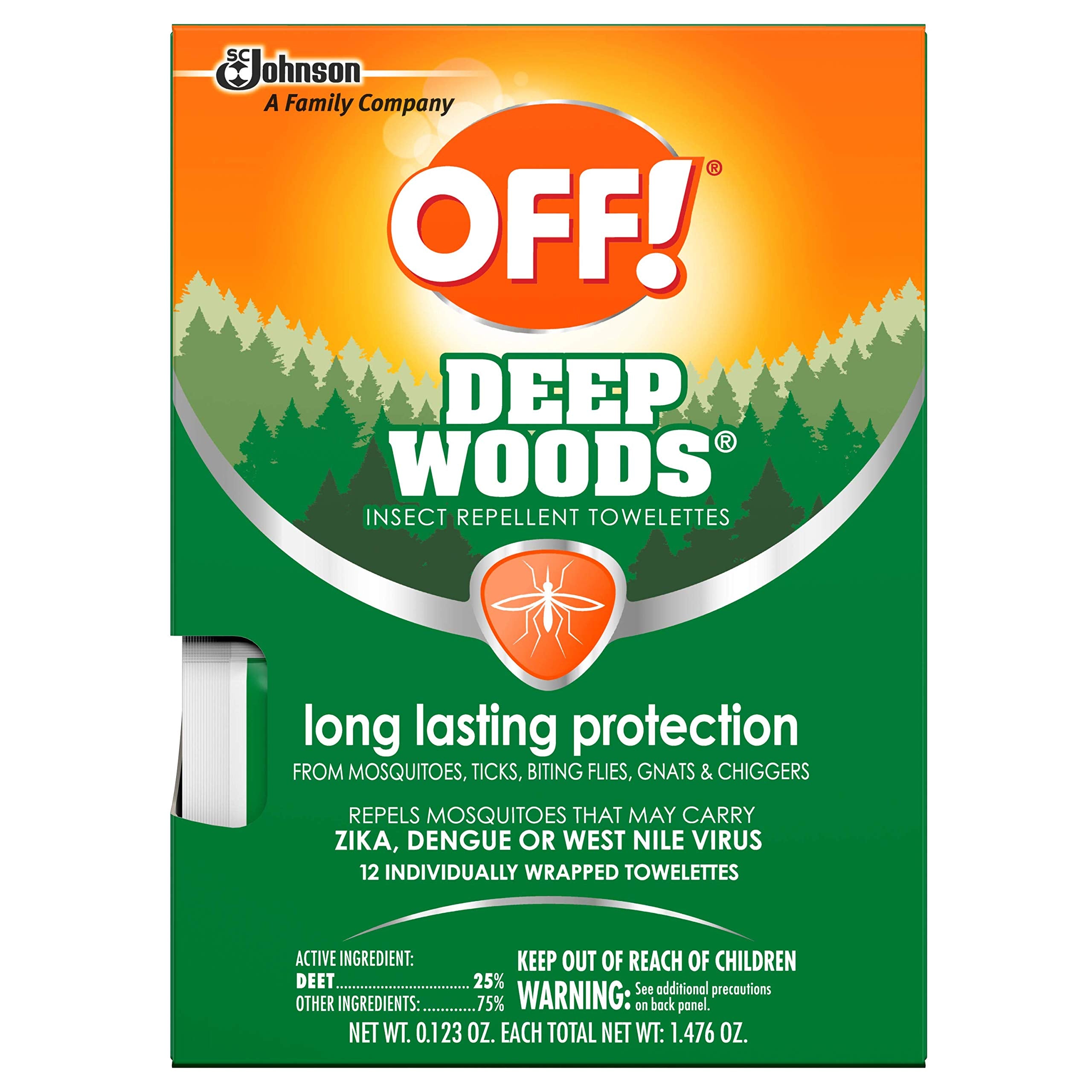 OFF! Deep Woods Insect Repellent Towelettes, Long Lasting Protection from Mosquitoes, Unscented, 12 Count (Pack of 3)