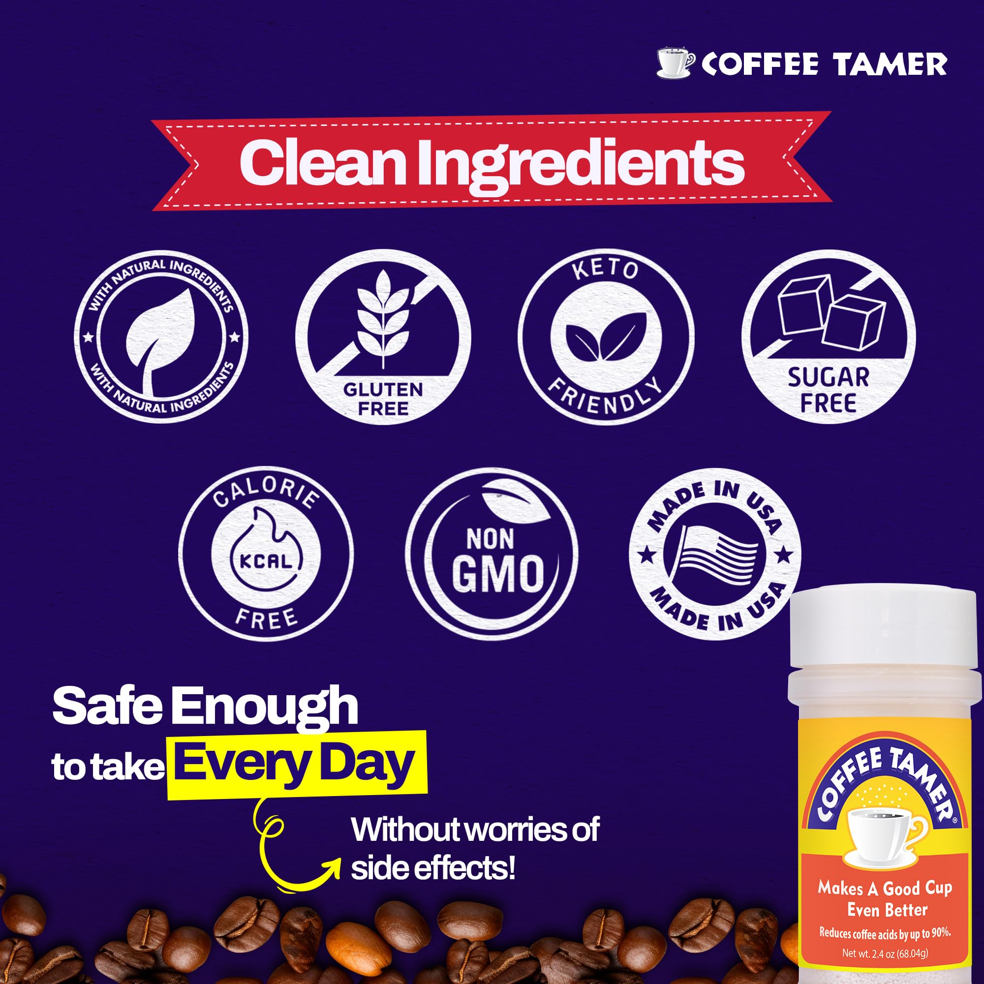 Coffee Tamer Coffee Acid Reducing Granules - Reduces Coffee Acids by up to 90% - All-Natural Minerals - Keto Friendy - Sugar Fre
