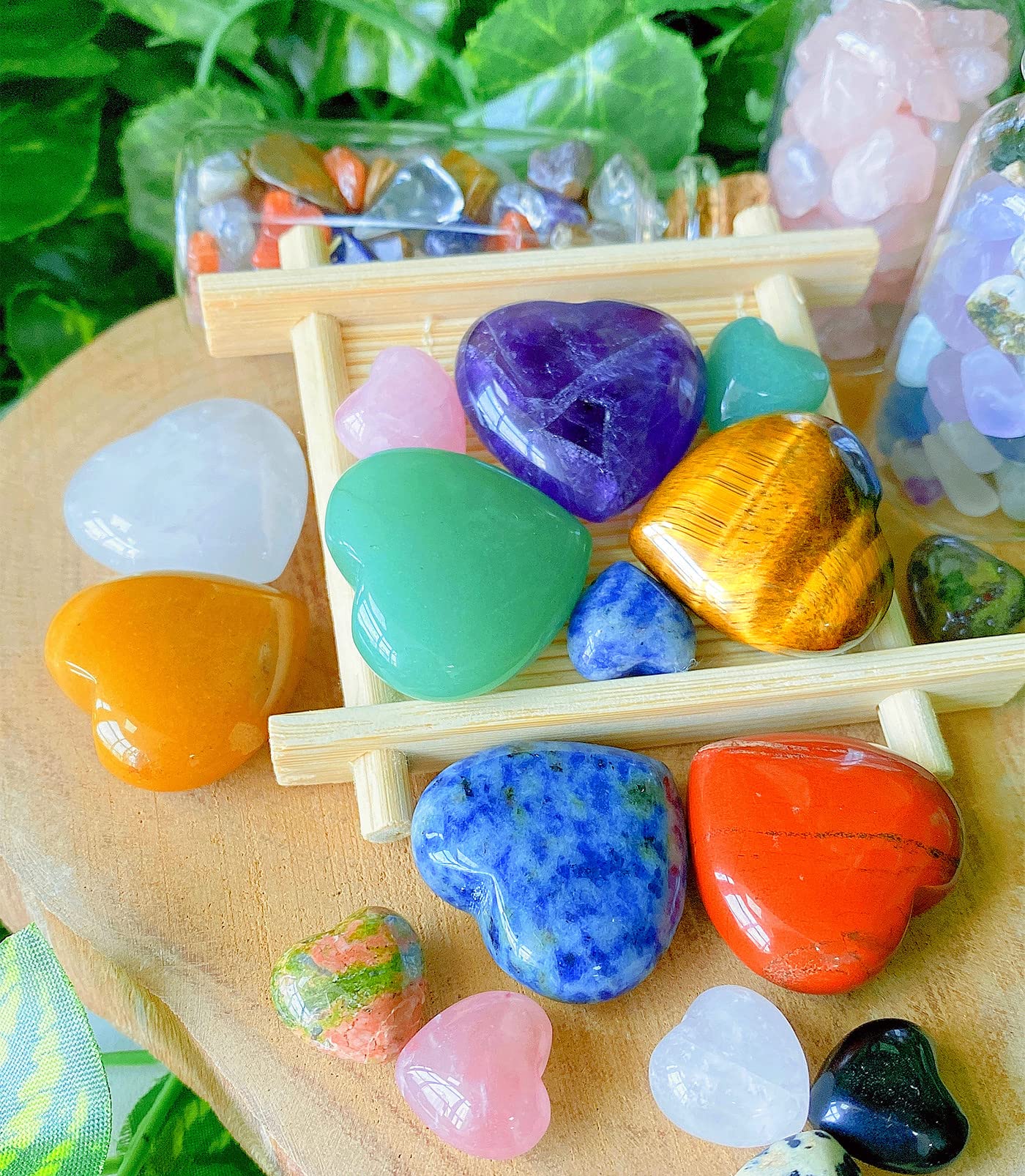 QINJIEJIE 7Pcs 7 Chakras 1.2'' Heart Crystal Large Stone Rose Quartz Healing Crystals Love Polished Thumb Natural Palm Assorted