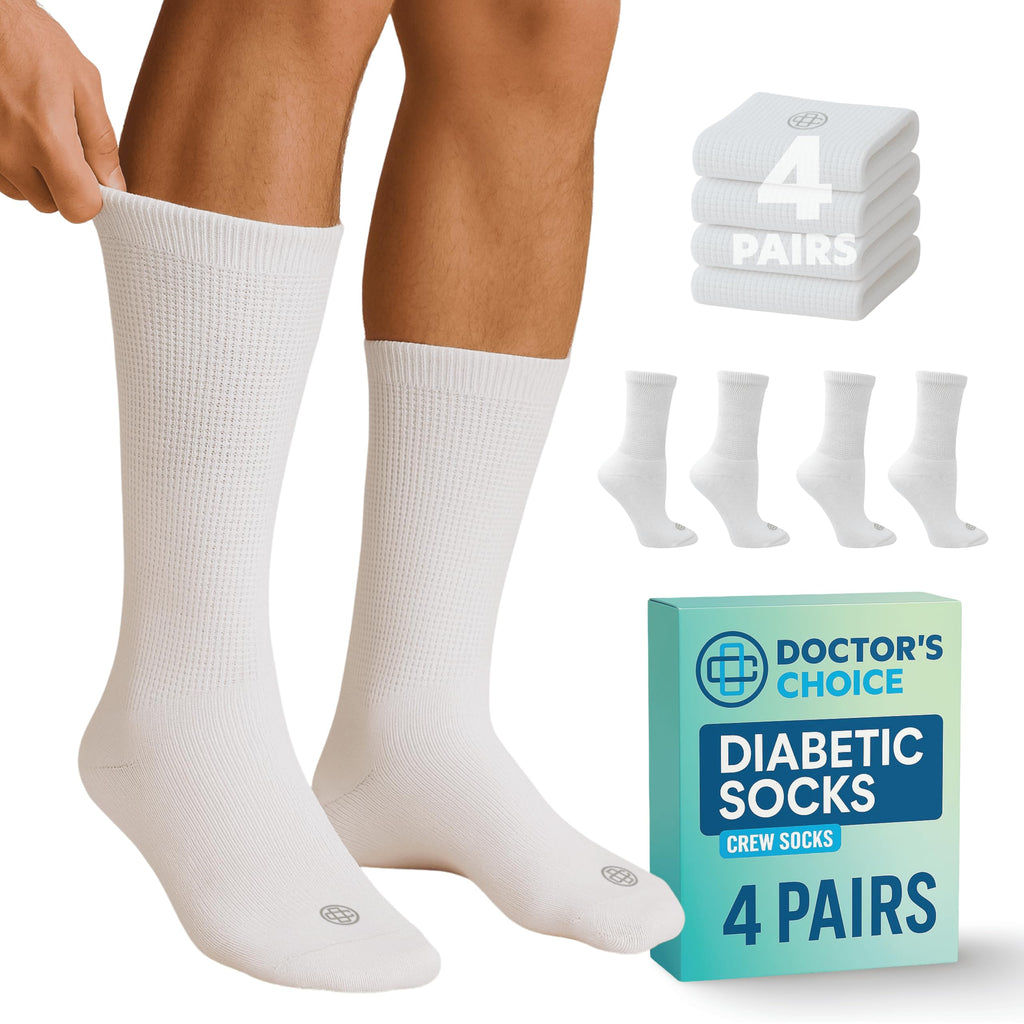 Doctor's Choice Diabetic Socks for Men, Seamless Crew Socks with Non-Binding Top, Provides Extra Comfort for Gout, 4-Pairs, Whit