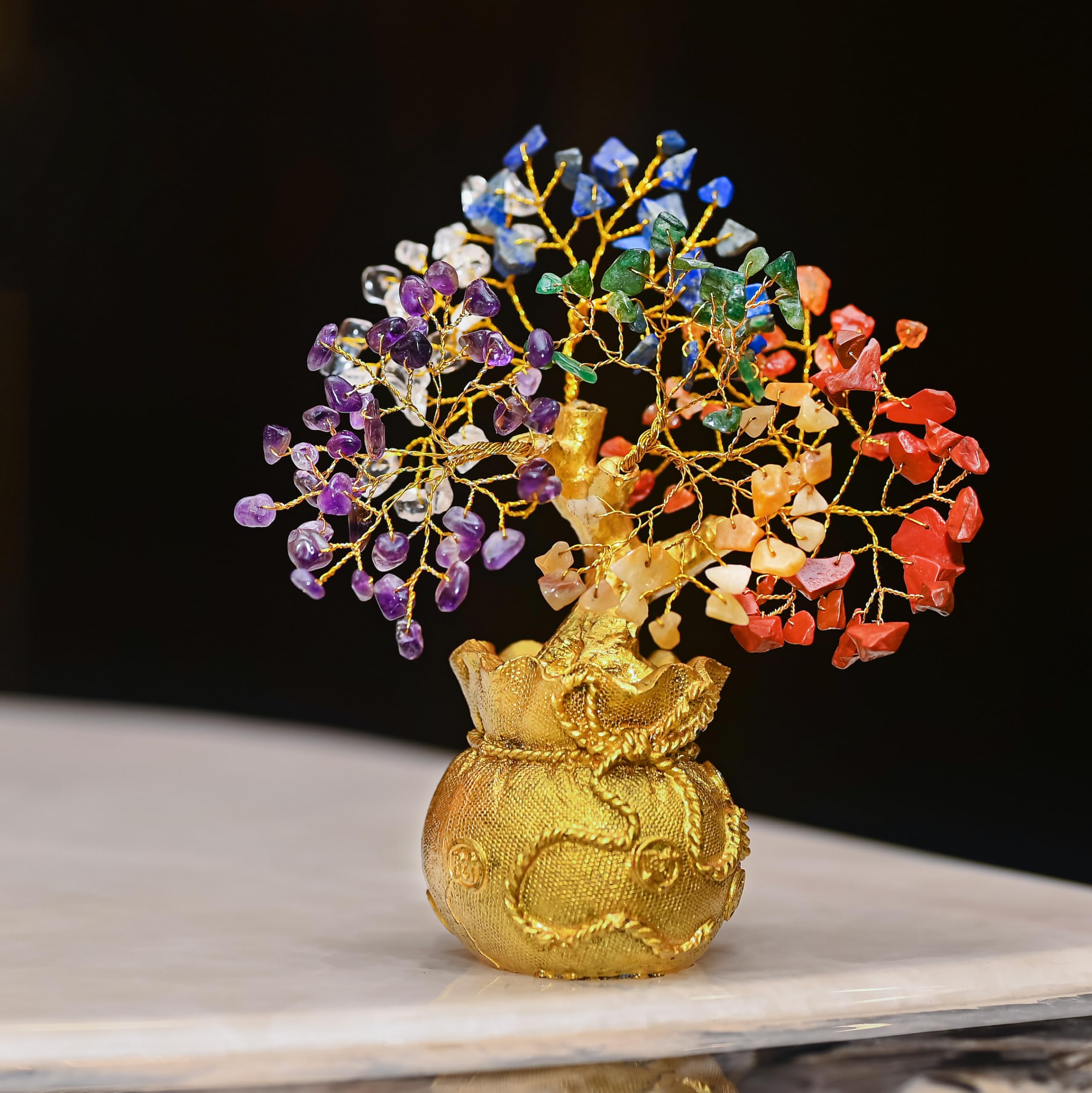 Crocon 7 Chakra Crystal Bonsai Tree With Golden Money Bag Base  Healing Gemstone Tree For Wealth, Prosperity & Positive Energy 