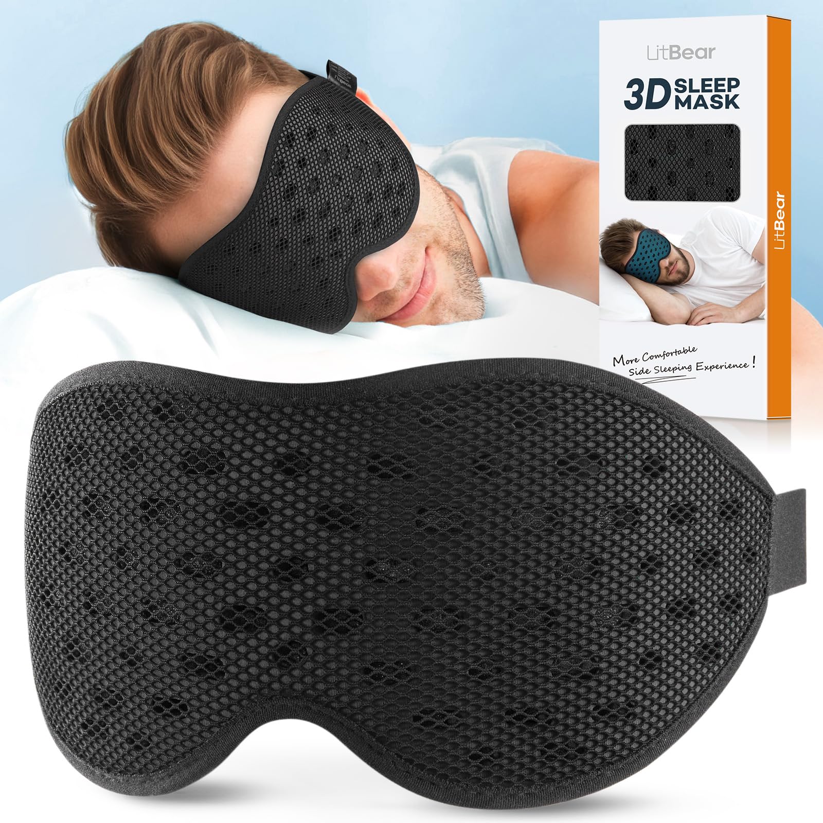 LitBear Breathable Sleep Mask, 3D Eye Mak Sleep for Side Sleepers Women Men, Light Blocking Sleeping Mask with Adjustable Strap,