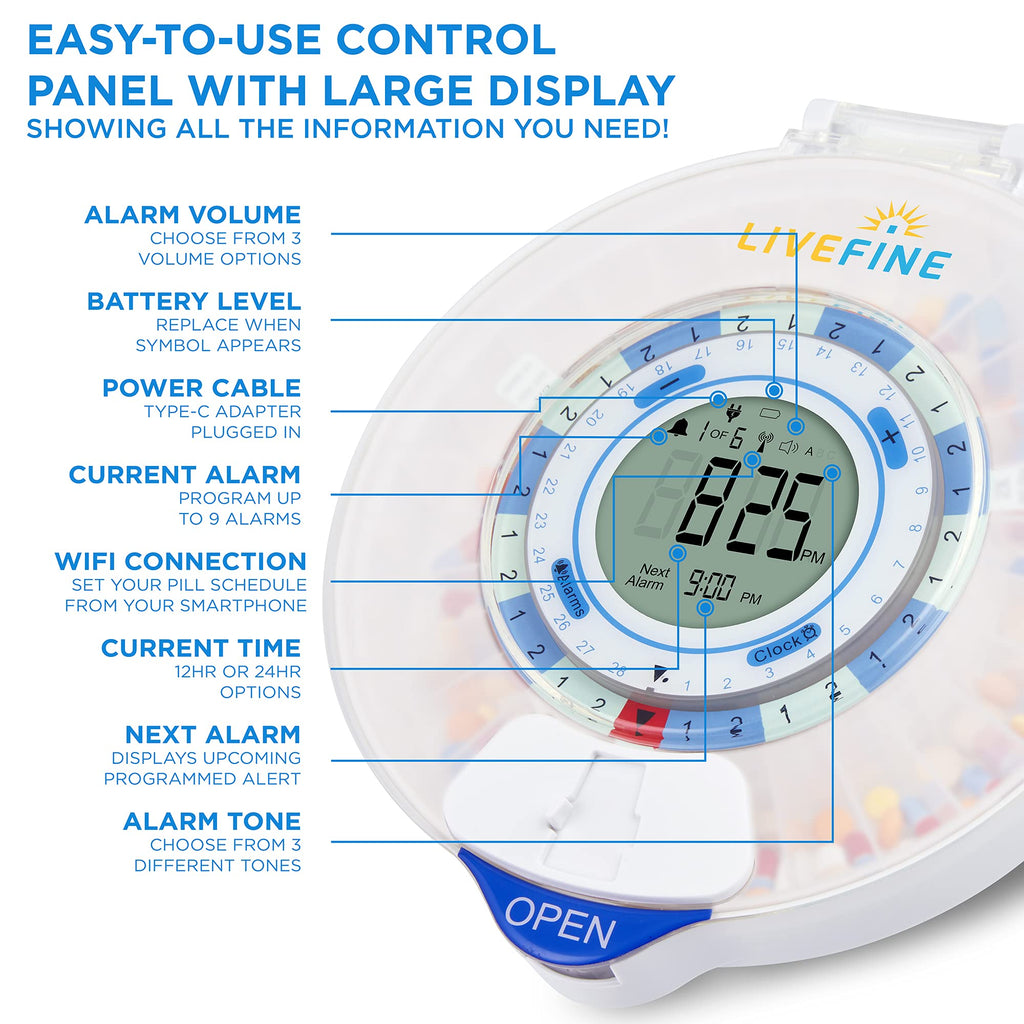 LiveFine Smart WiFi Automatic Pill Dispenser | 28-Day Medication Organizer Up to 9 Doses Per Day for Care Monitoring with Lockin