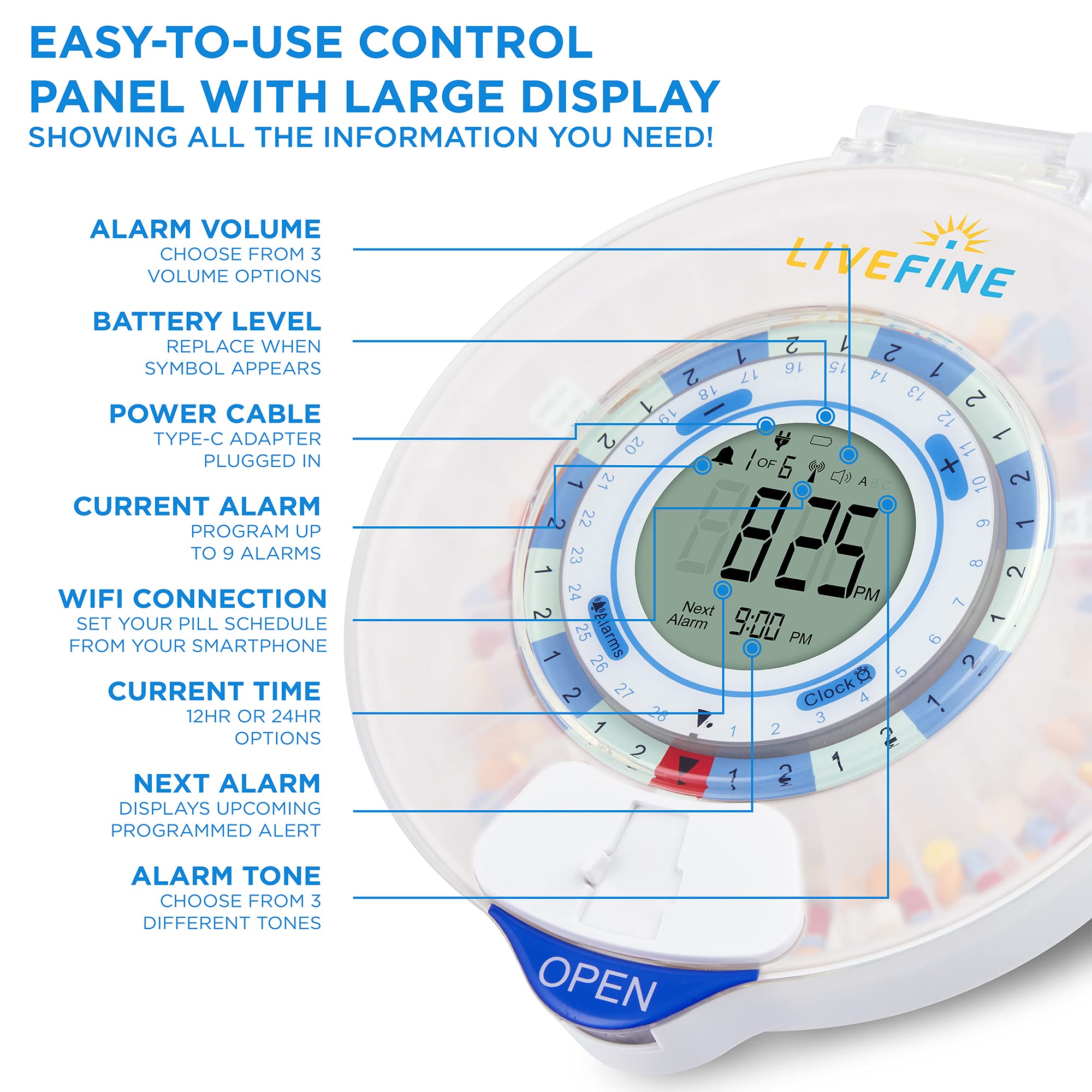 LiveFine Smart WiFi Automatic Pill Dispenser | 28-Day Medication Organizer Up to 9 Doses Per Day for Care Monitoring with Lockin