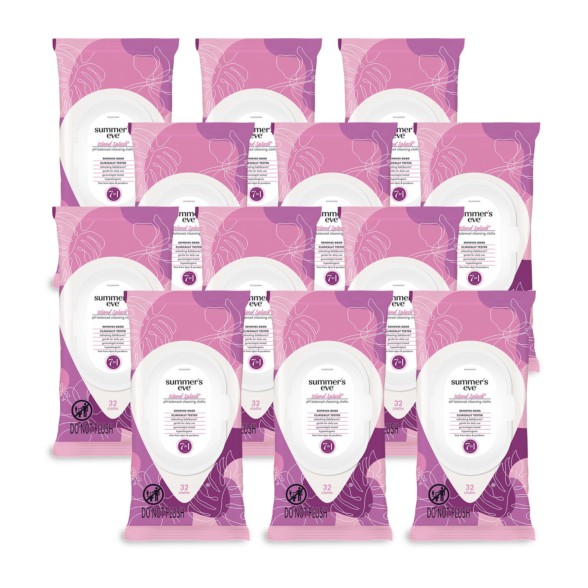 Summer's Eve Island Splash Refreshing Daily Feminine Wipes, Removes Odor, pH Balanced, 32 Count, 12 Pack