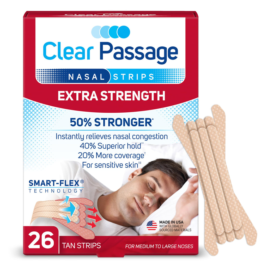 Clear Passage Nasal Strips Extra Strength, Tan, 26 Count | Works Instantly to Improve Sleep, Reduce Snoring, & Relieve Nasal Con