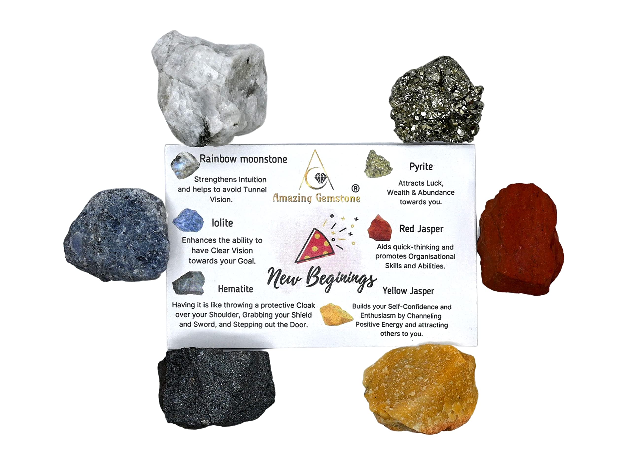 Crystals for New Beginnings Manifestation, Set of 6 Rainbow Moonstone, Iolite, Red Jasper, Hematite, Yellow Jasper and Pyrite He