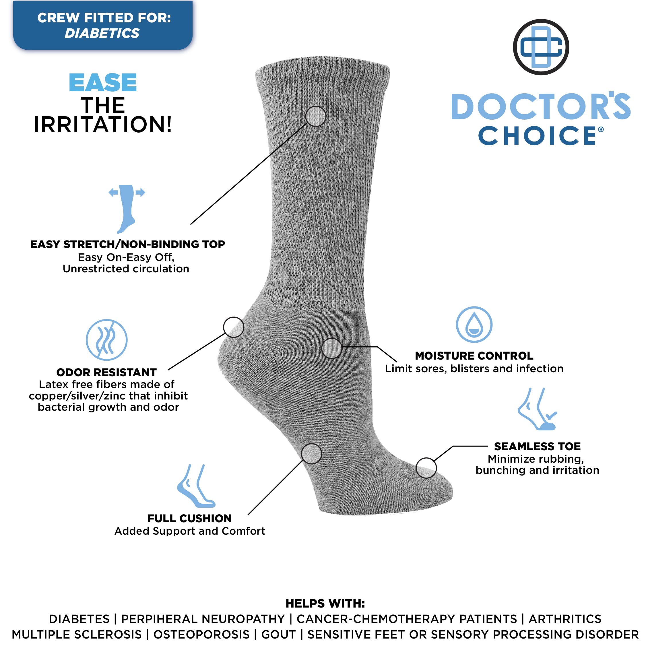 Doctor's Choice Women's Diabetic Socks, Non-Binding, Circulatory, Cushioned, Crew Socks for Swollen Feet, 4 Pack, Grey, Shoe Siz